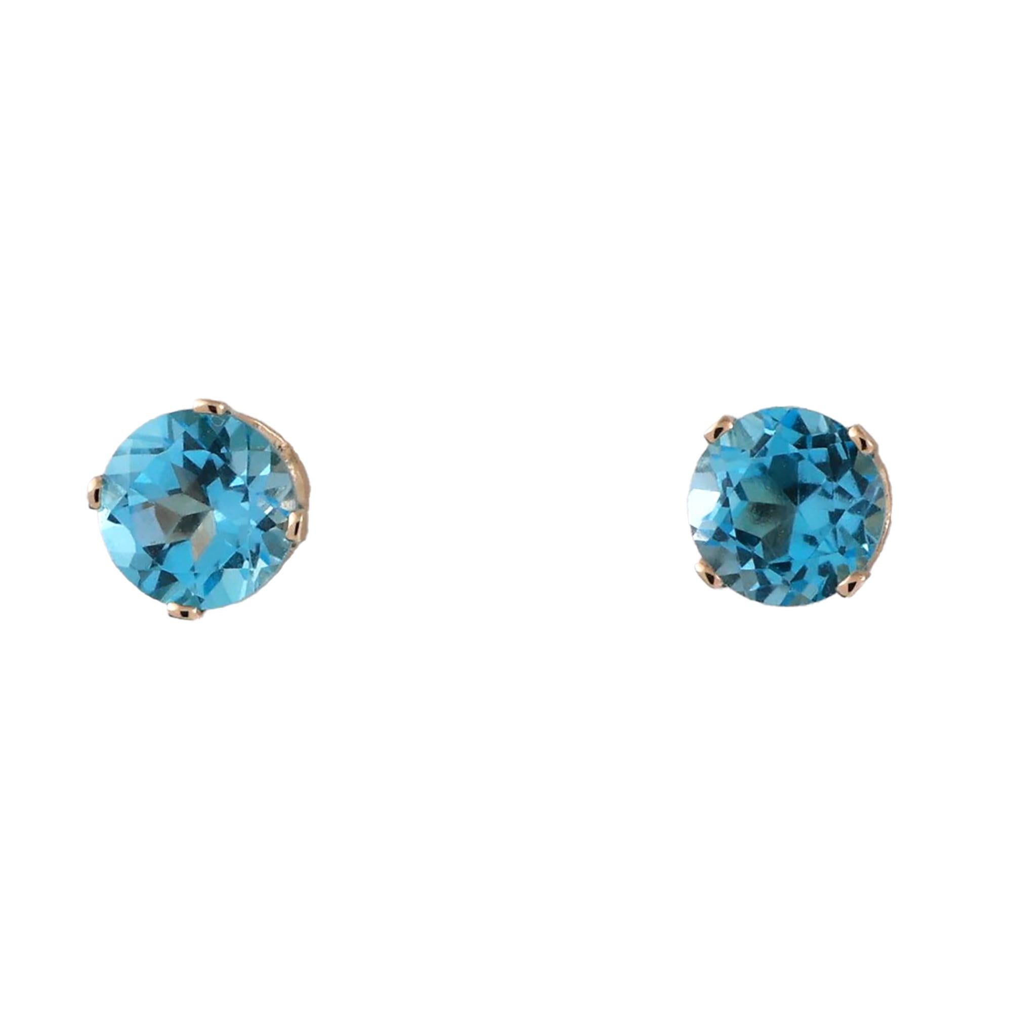 Round Blue Topaz Gemstone Stud Earrings 14K Yellow Gold 1.96 CTW 6 MM