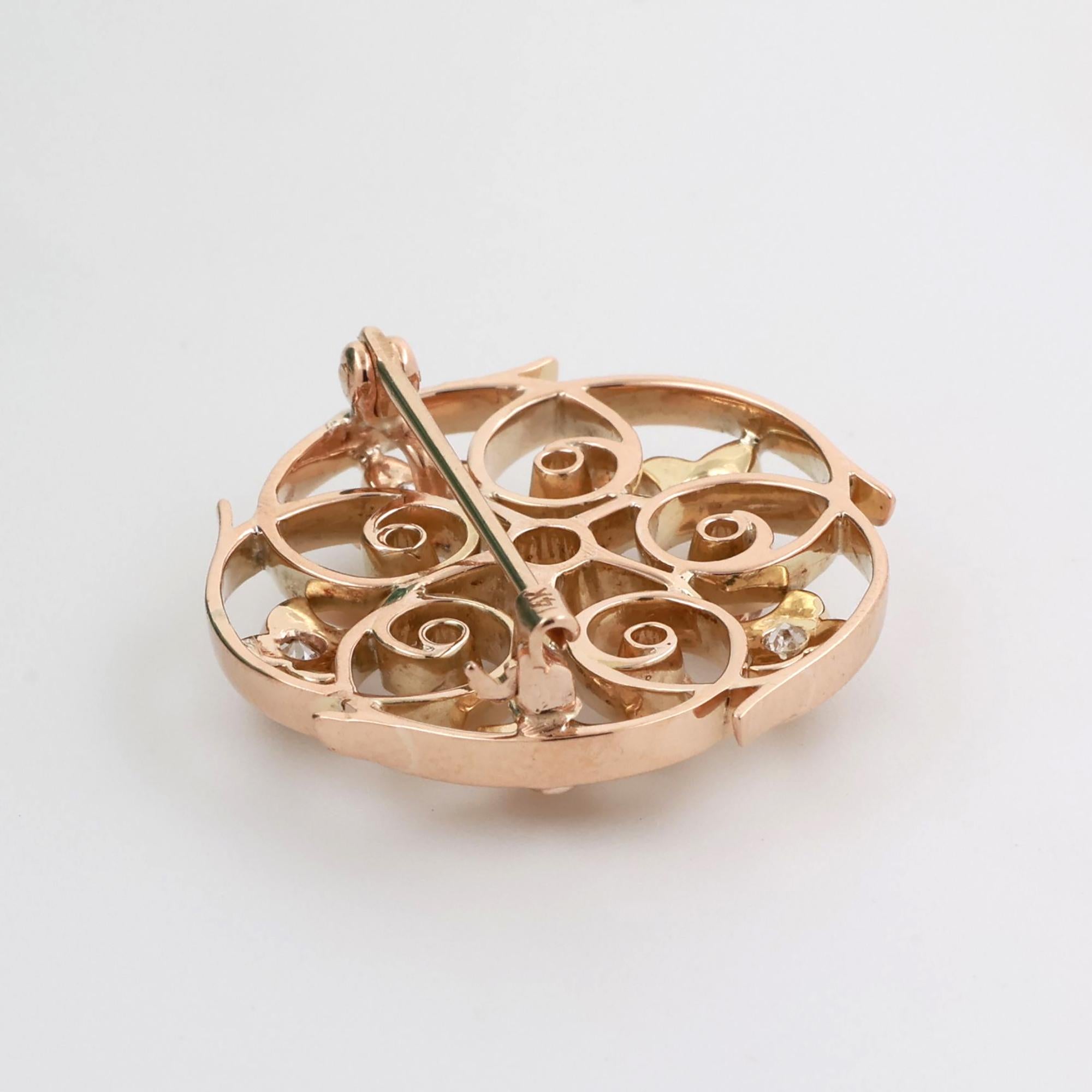 Vintage Diamond Floral Filigree Brooch Pin 14K Yellow Gold 1.20 TW 0.95" Estate