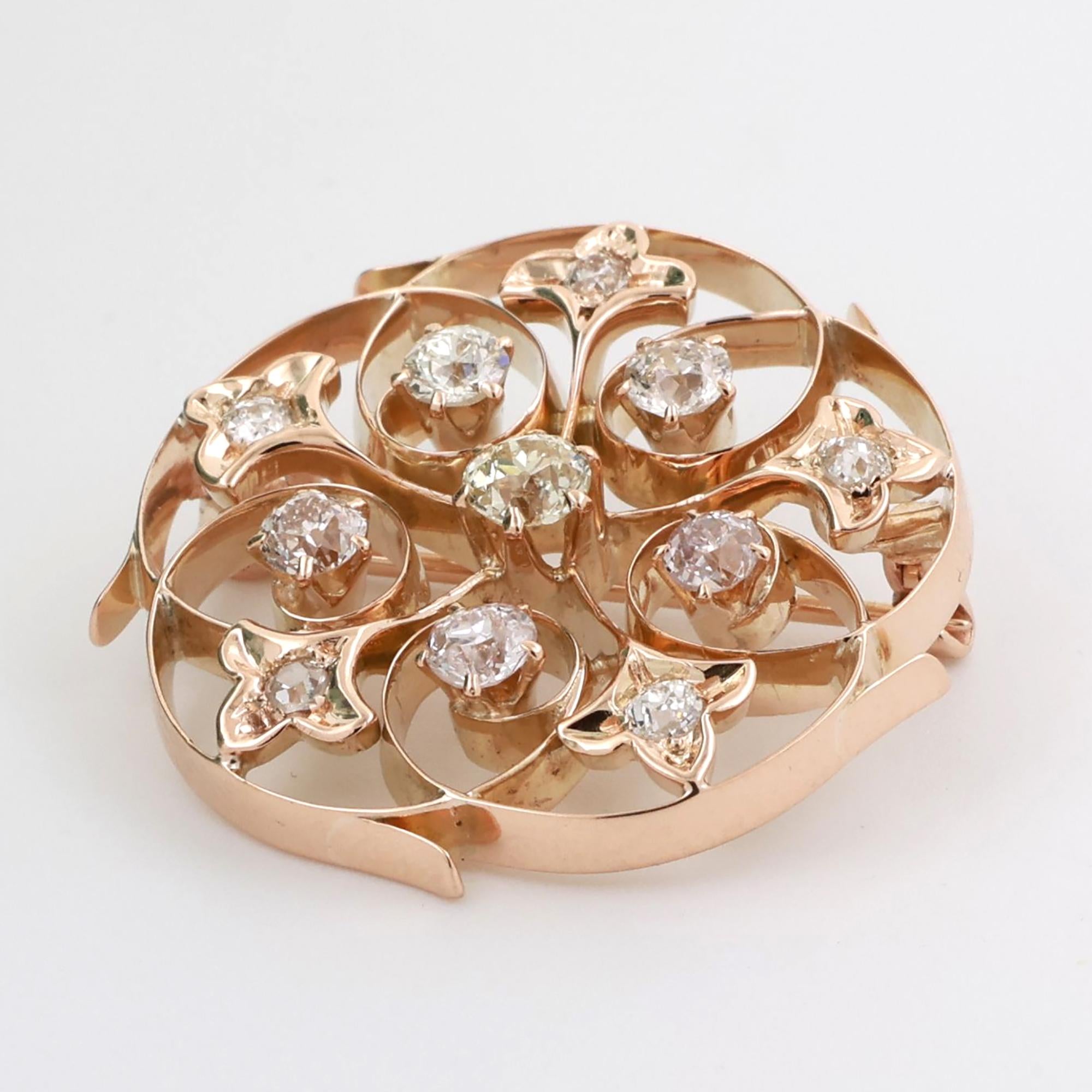 Vintage Diamond Floral Filigree Brooch Pin 14K Yellow Gold 1.20 TW 0.95" Estate