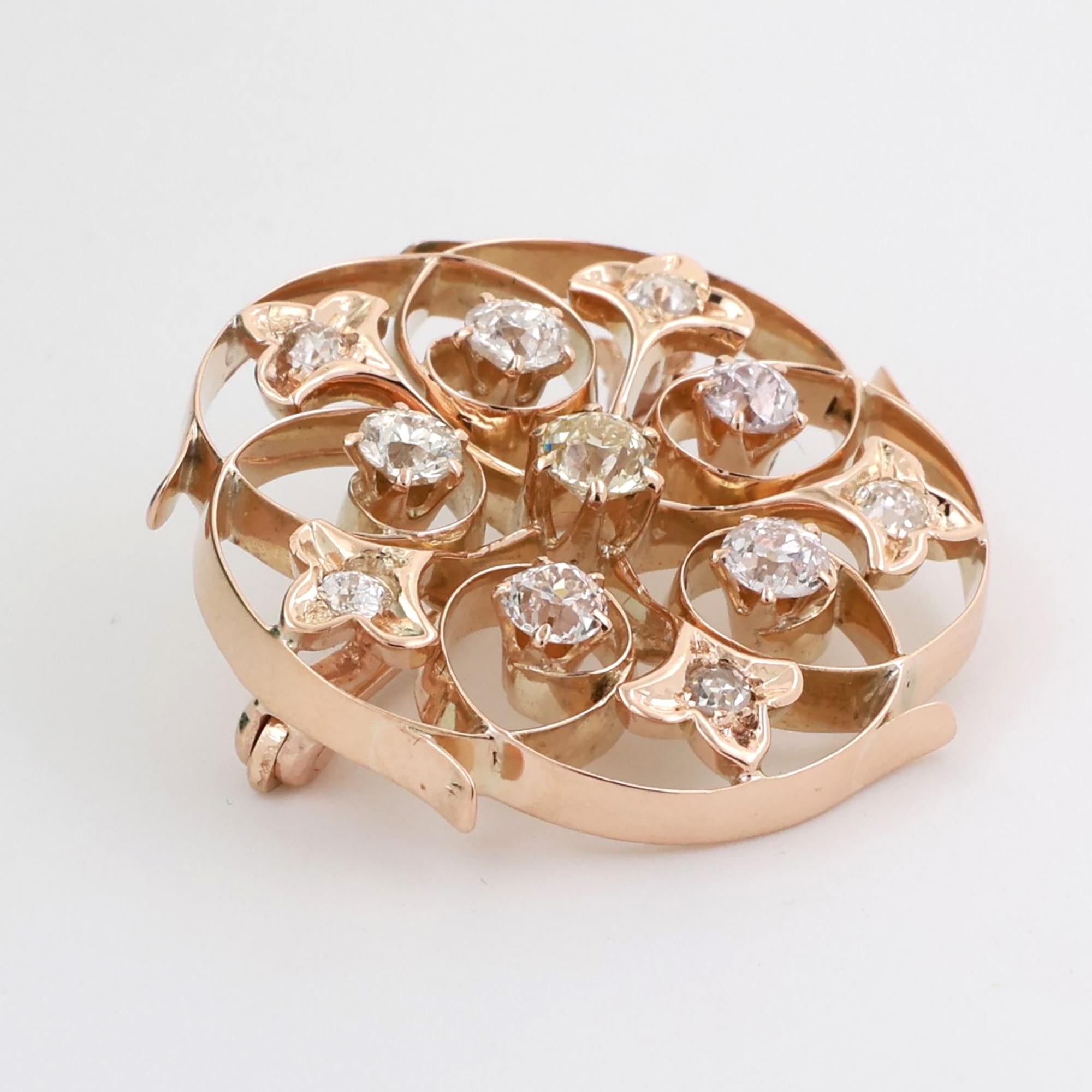 Vintage Diamond Floral Filigree Brooch Pin 14K Yellow Gold 1.20 TW 0.95" Estate