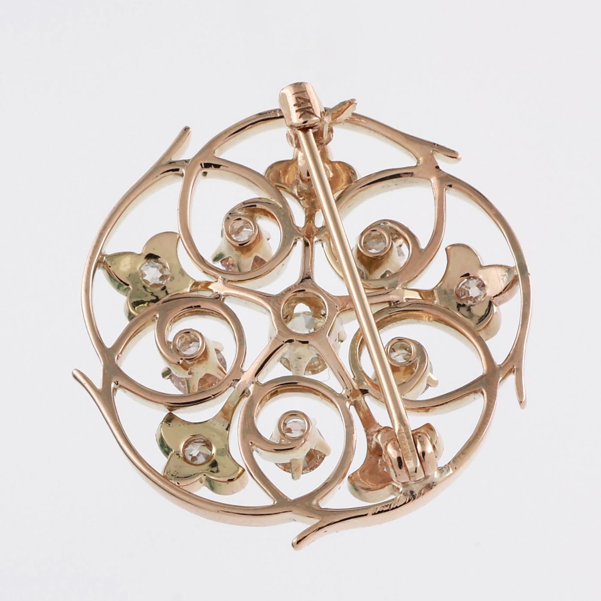 Vintage Diamond Floral Filigree Brooch Pin 14K Yellow Gold 1.20 TW 0.95" Estate