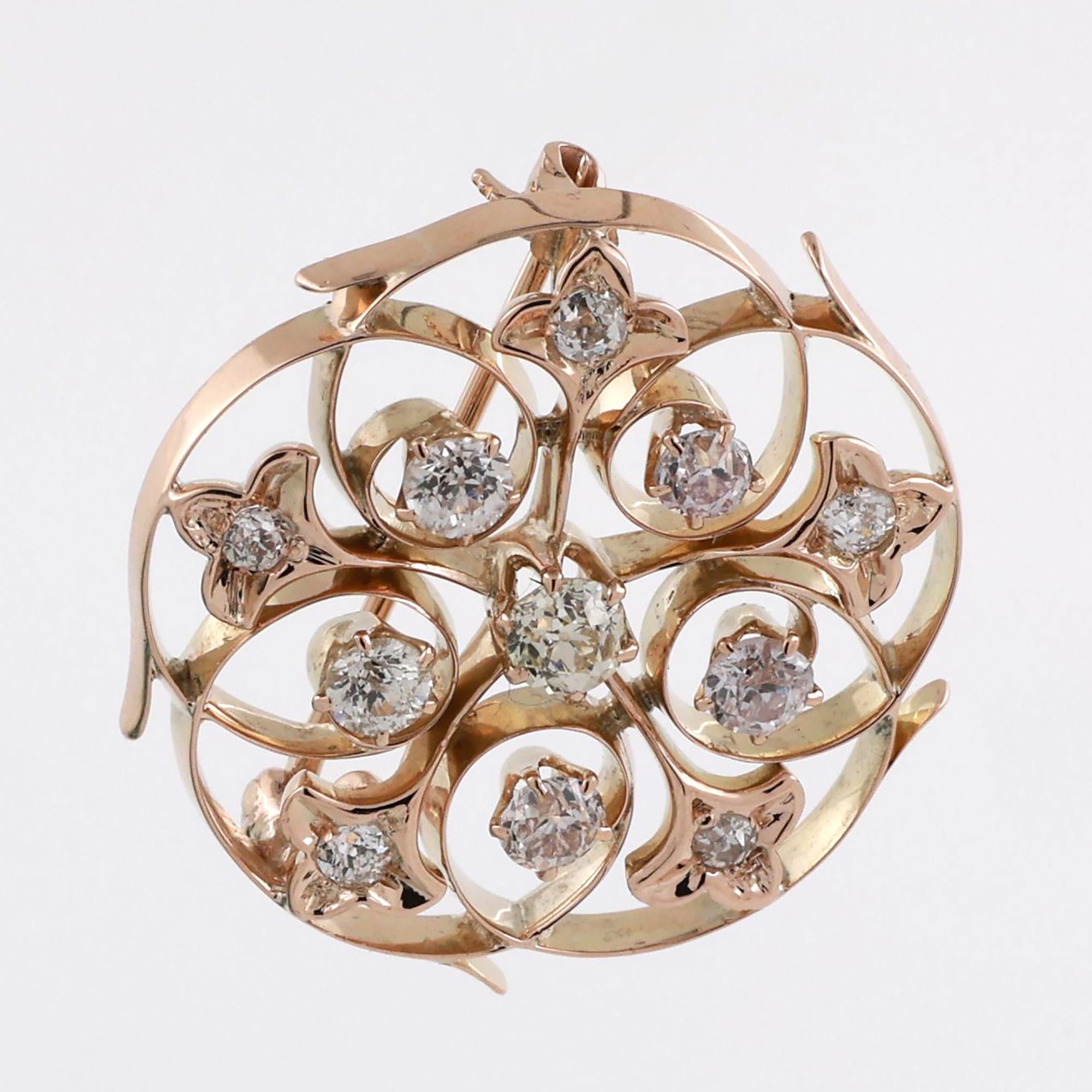 Vintage Diamond Floral Filigree Brooch Pin 14K Yellow Gold 1.20 TW 0.95" Estate