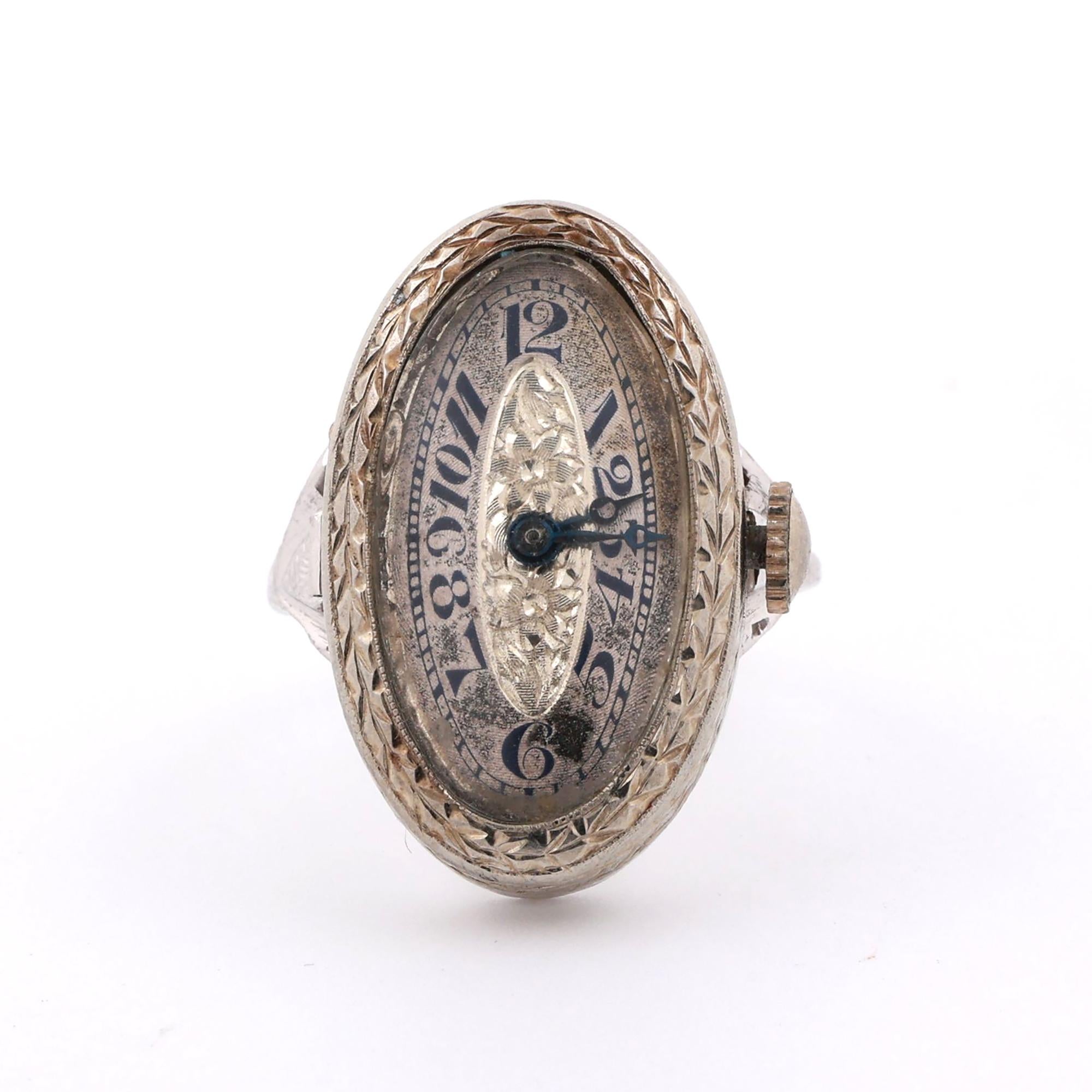 Antique 18K White Gold Mechanical Ring Watch Size 7.5 Estate