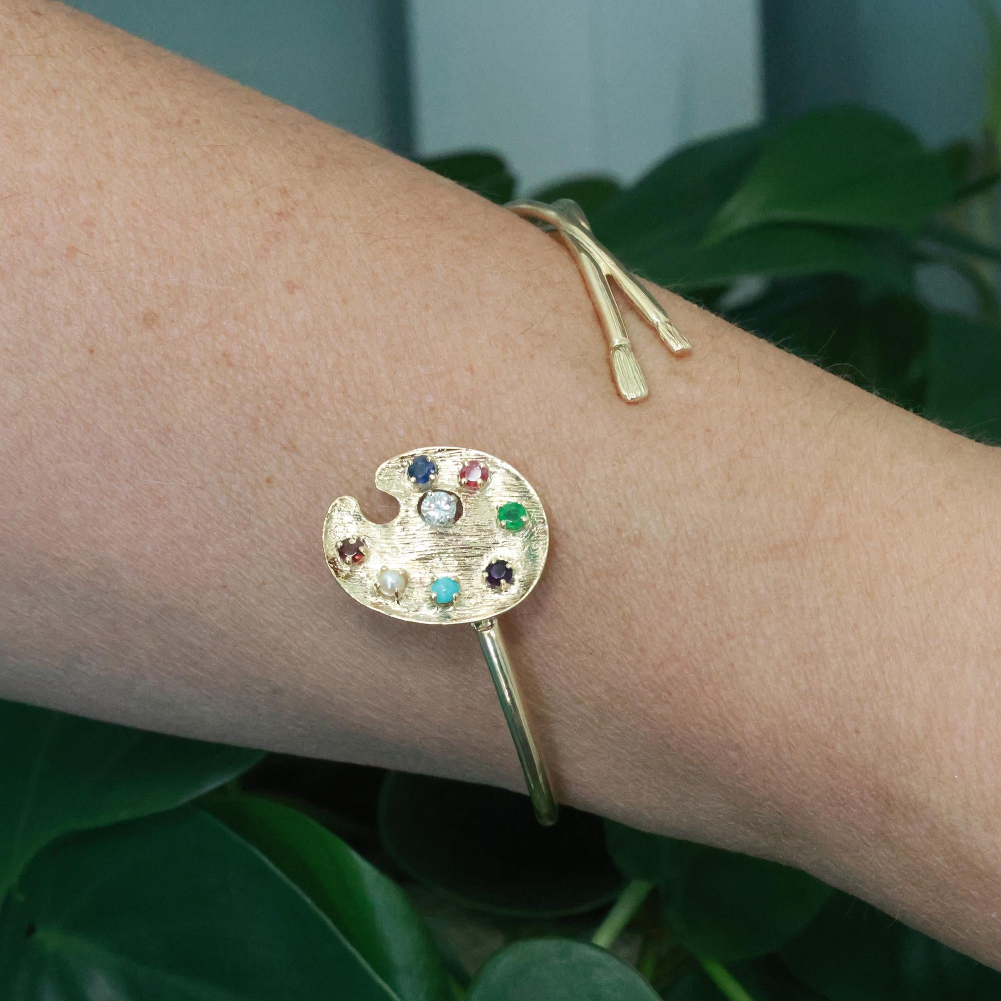 Multi Gemstone Diamond Artist Palette Paintbrush Bangle 14K Yellow Gold 7.25"