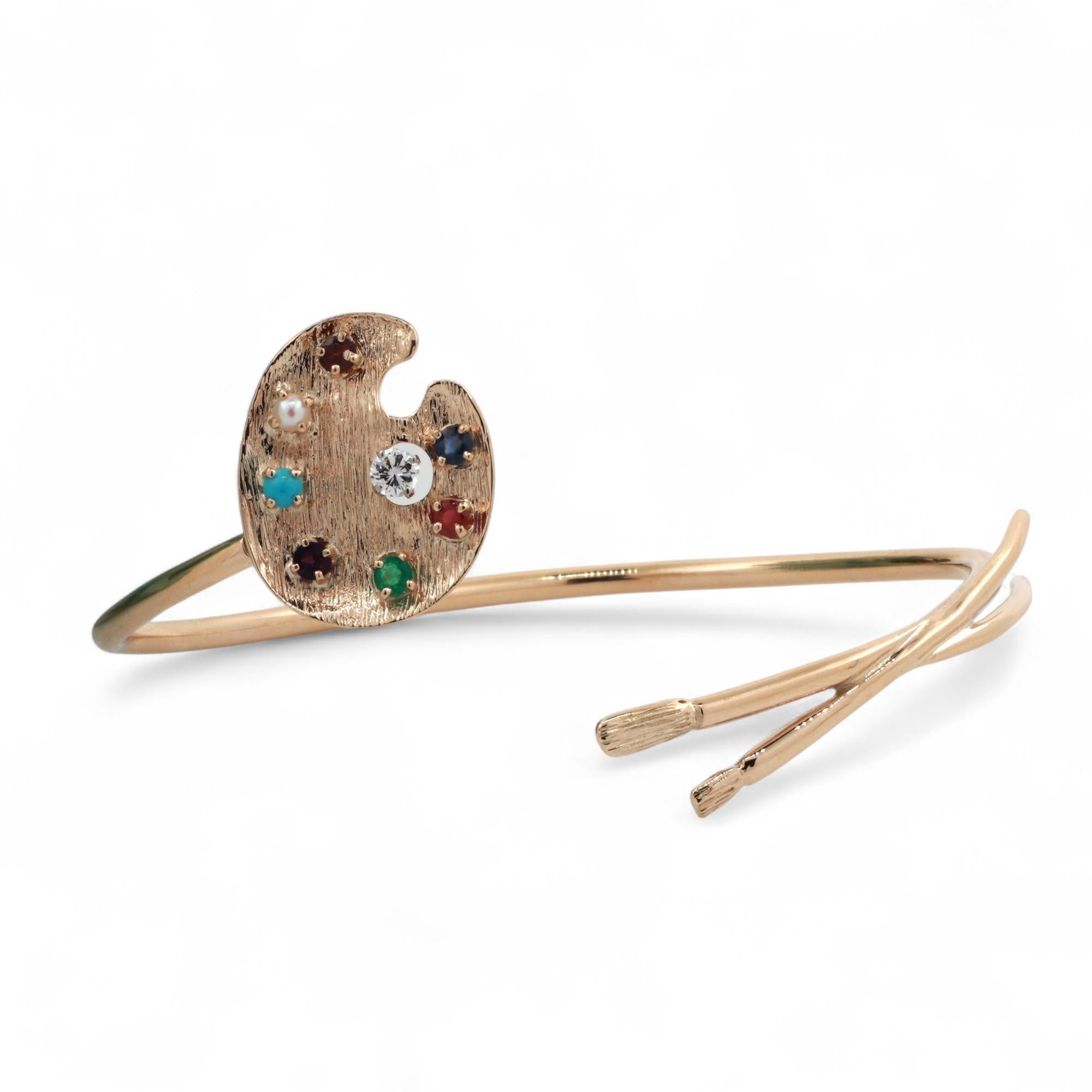 Multi Gemstone Diamond Artist Palette Paintbrush Bangle 14K Yellow Gold 7.25"