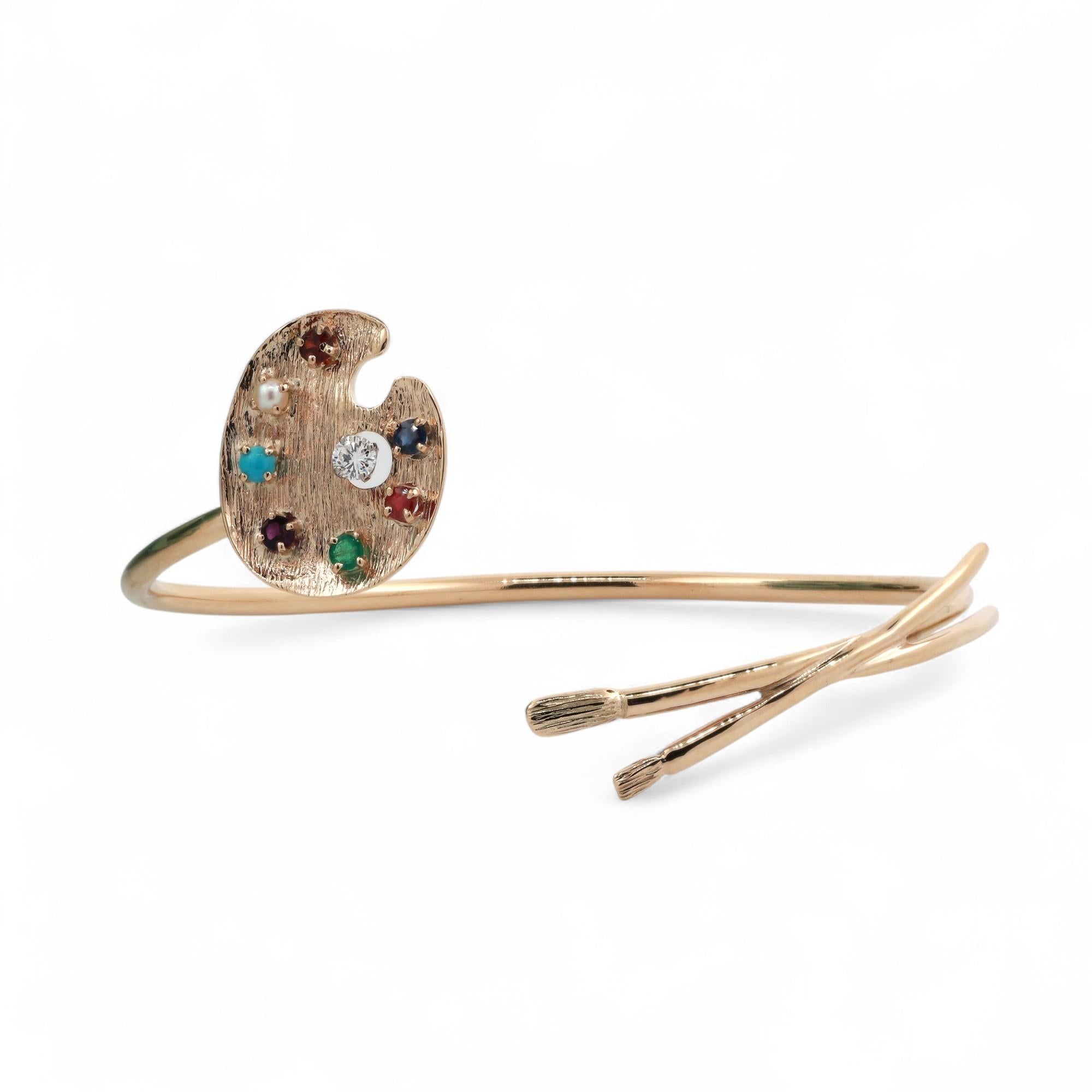 Multi Gemstone Diamond Artist Palette Paintbrush Bangle 14K Yellow Gold 7.25"