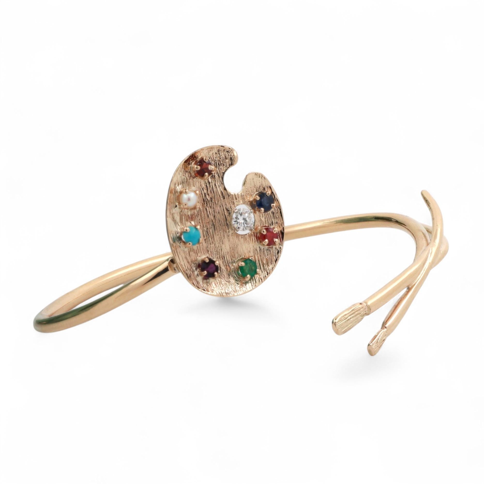 Multi Gemstone Diamond Artist Palette Paintbrush Bangle 14K Yellow Gold 7.25"