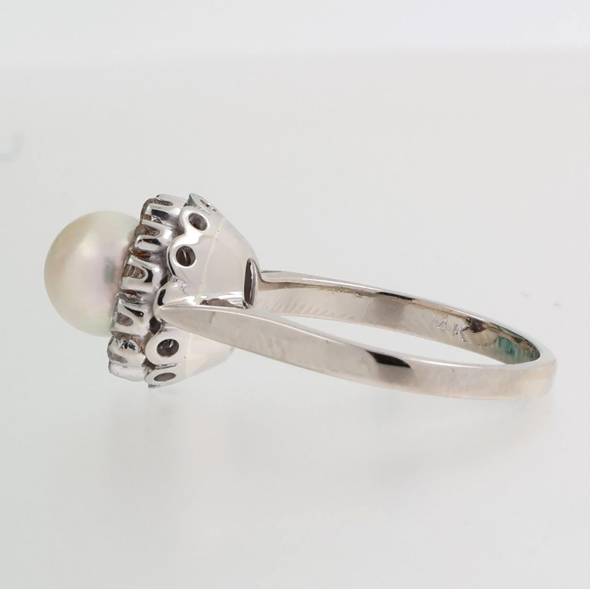 Vintage Akoya Pearl Quartz Halo Ring 14K White Gold Size 5.75 Ladies Estate