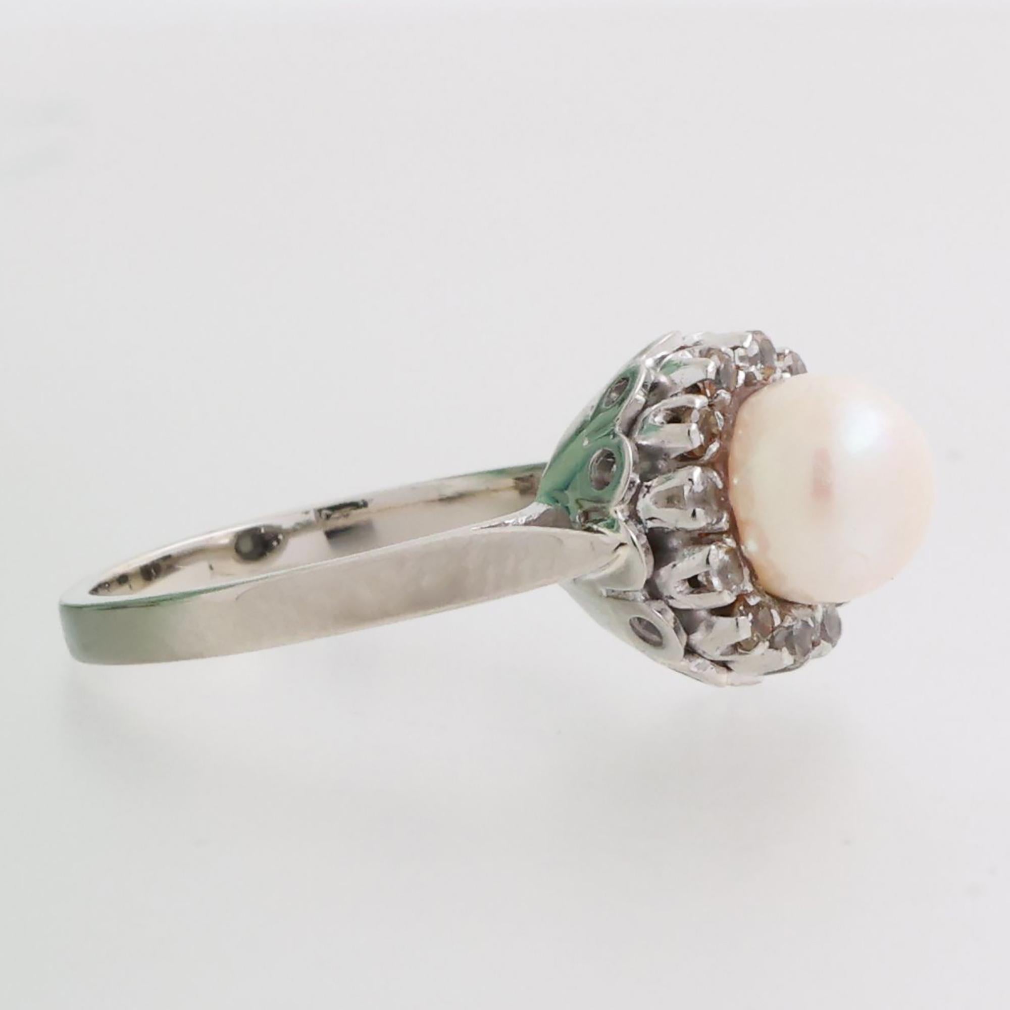 Vintage Akoya Pearl Quartz Halo Ring 14K White Gold Size 5.75 Ladies Estate