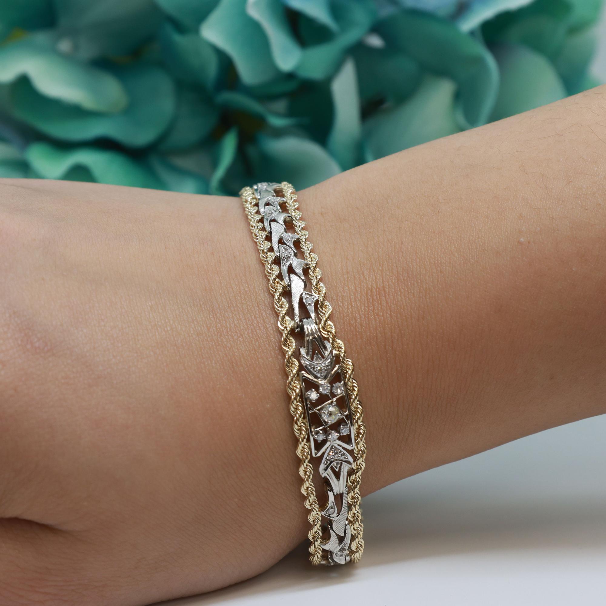 Vintage Diamond Rope Filigree Bracelet 14K Gold 0.27 TW 6.5"-6.75" Estate