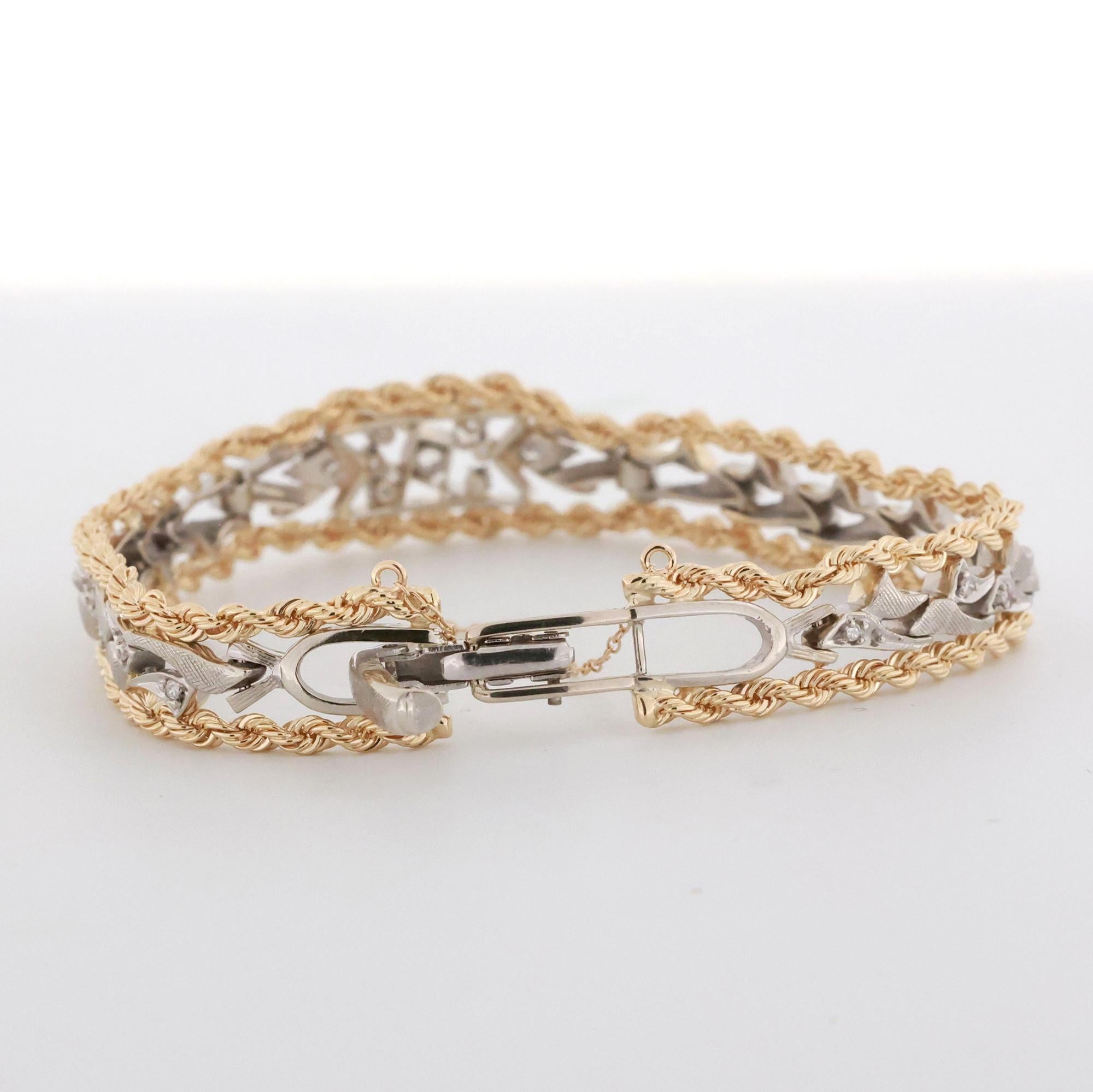 Vintage Diamond Rope Filigree Bracelet 14K Gold 0.27 TW 6.5"-6.75" Estate