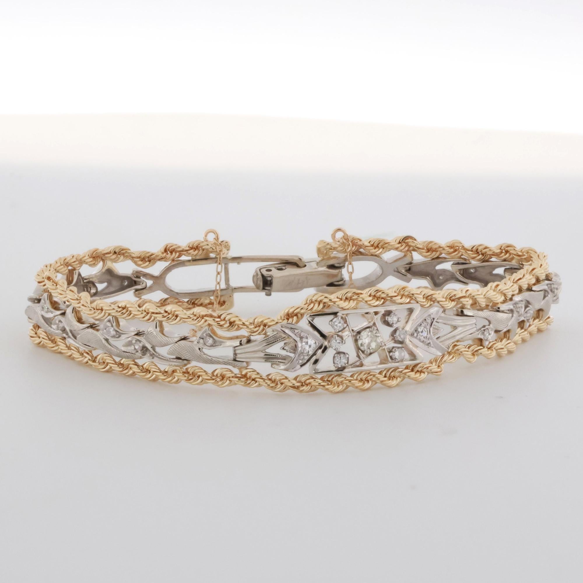 Vintage Diamond Rope Filigree Bracelet 14K Gold 0.27 TW 6.5"-6.75" Estate