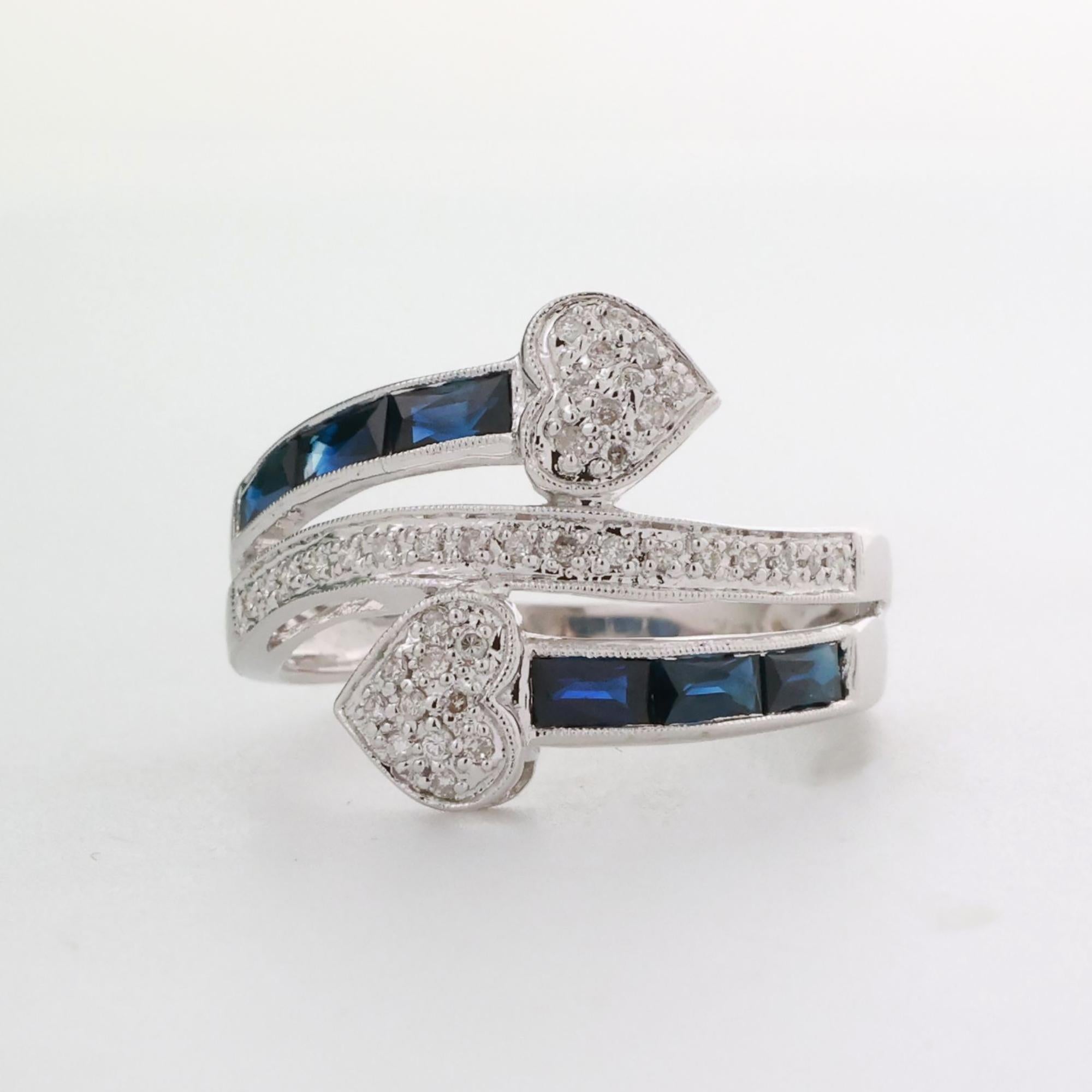 Blue Sapphire Diamond Heart Bypass Ring 14K White Gold 1.23 CTW Size 7.25 Ladies