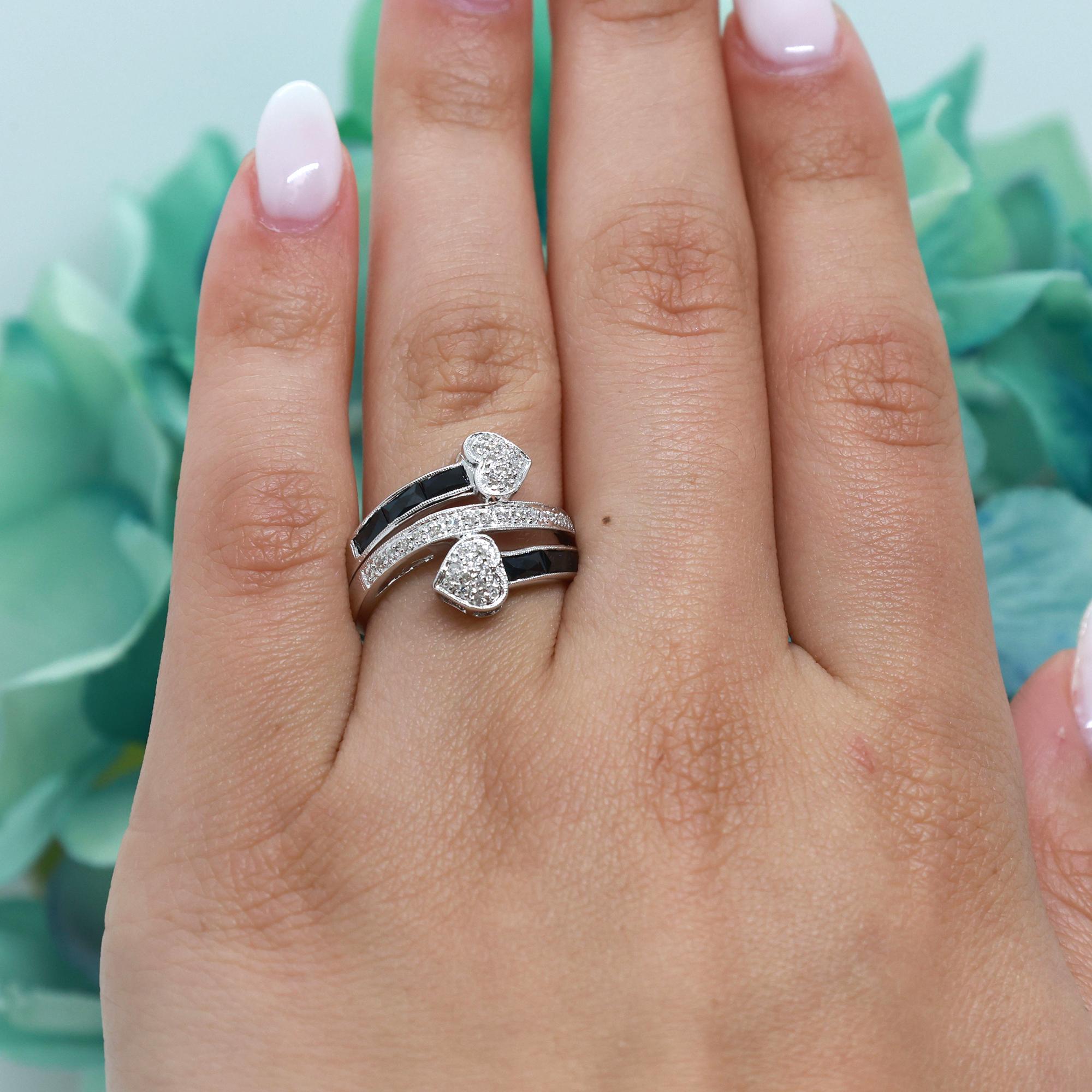 Blue Sapphire Diamond Heart Bypass Ring 14K White Gold 1.23 CTW Size 7.25 Ladies