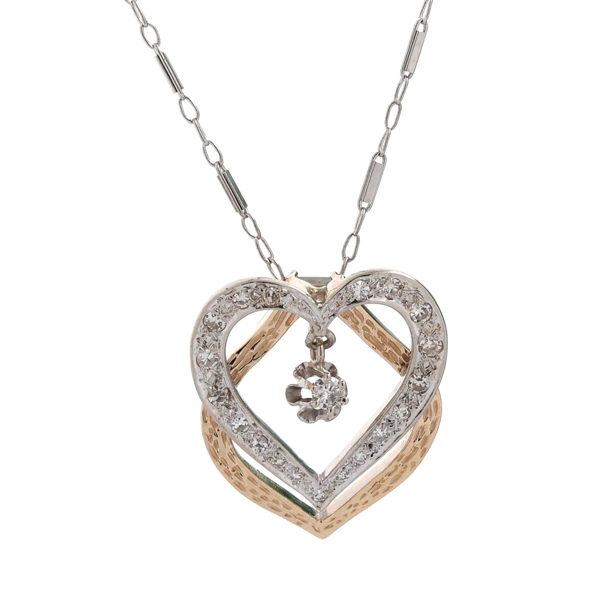 Double Open Heart Diamond Pendant Chain Necklace 14K Gold 0.25 TW 17.75" Estate