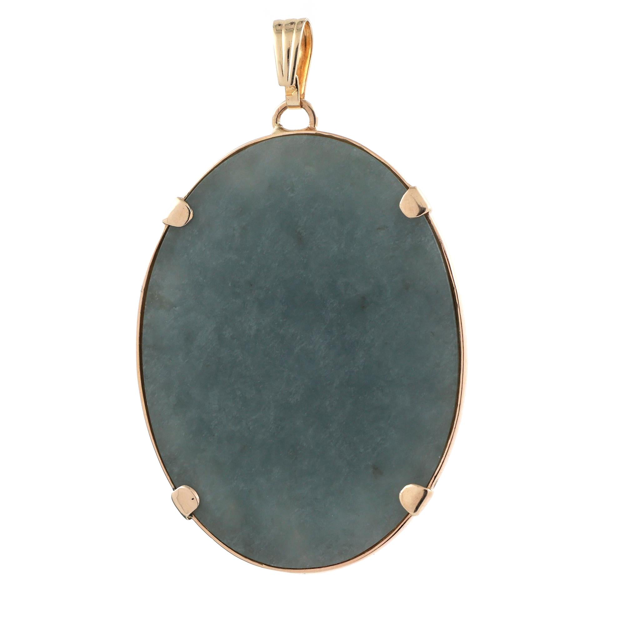 Oval Floral Bird Filigree Jade Pendant 14K Yellow Gold 2.45" Unisex Estate