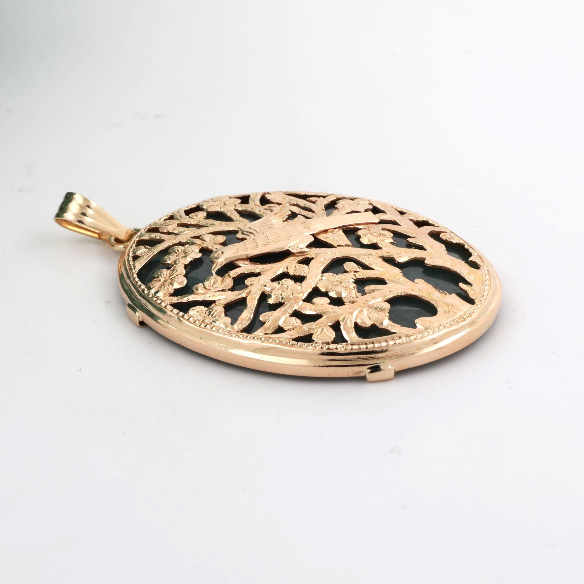 Oval Floral Bird Filigree Jade Pendant 14K Yellow Gold 2.45" Unisex Estate