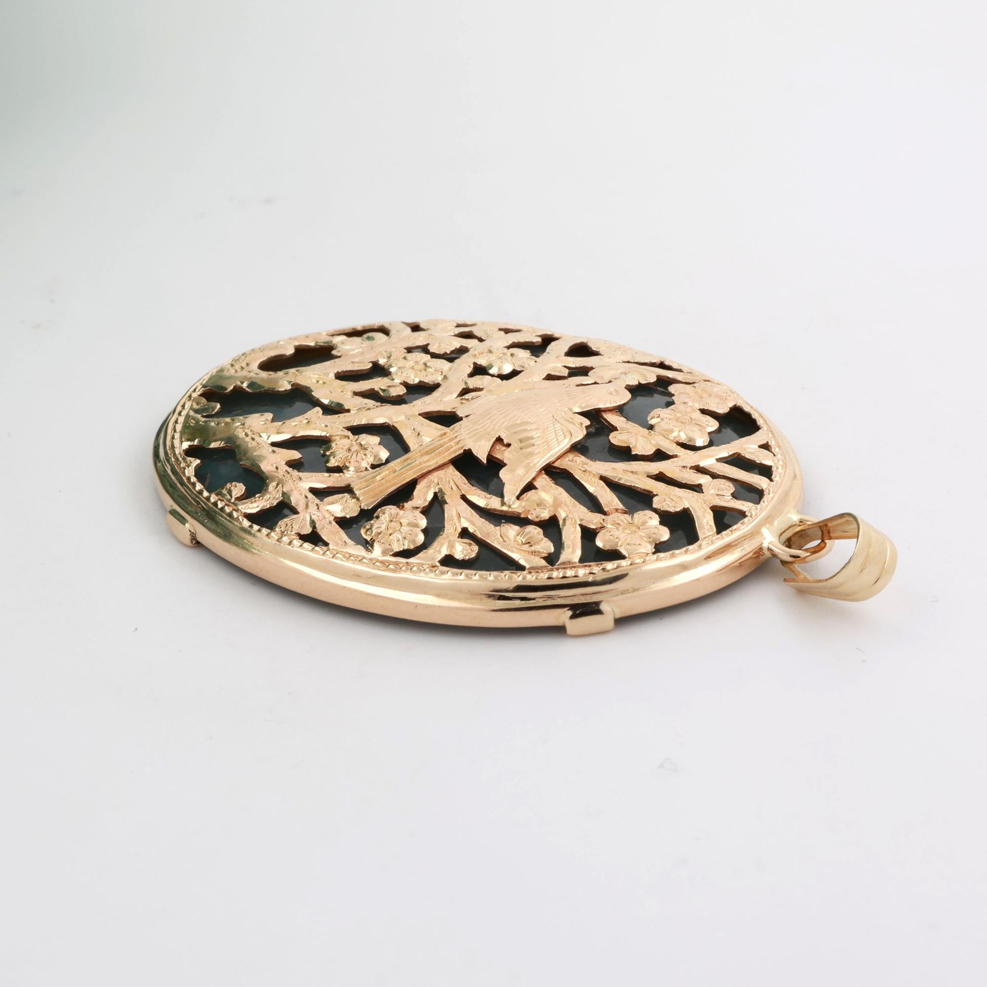 Oval Floral Bird Filigree Jade Pendant 14K Yellow Gold 2.45" Unisex Estate