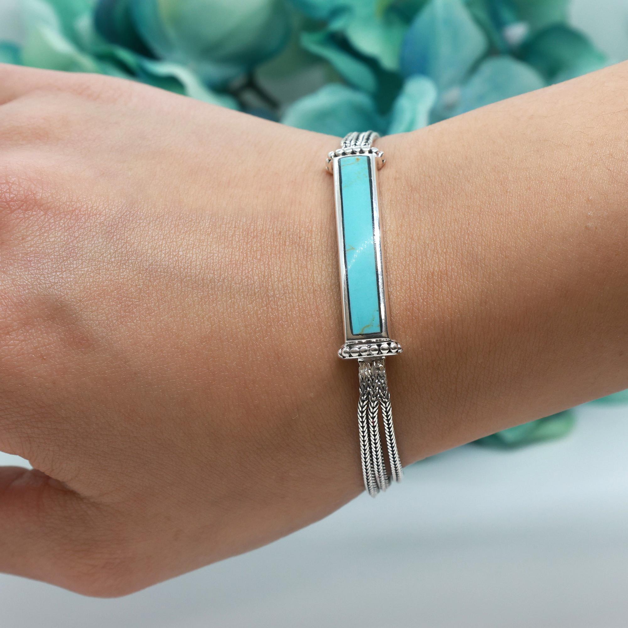 Turquoise Bar Bracelet Foxtail Link Chain Sterling Silver 7.5" Unisex Estate