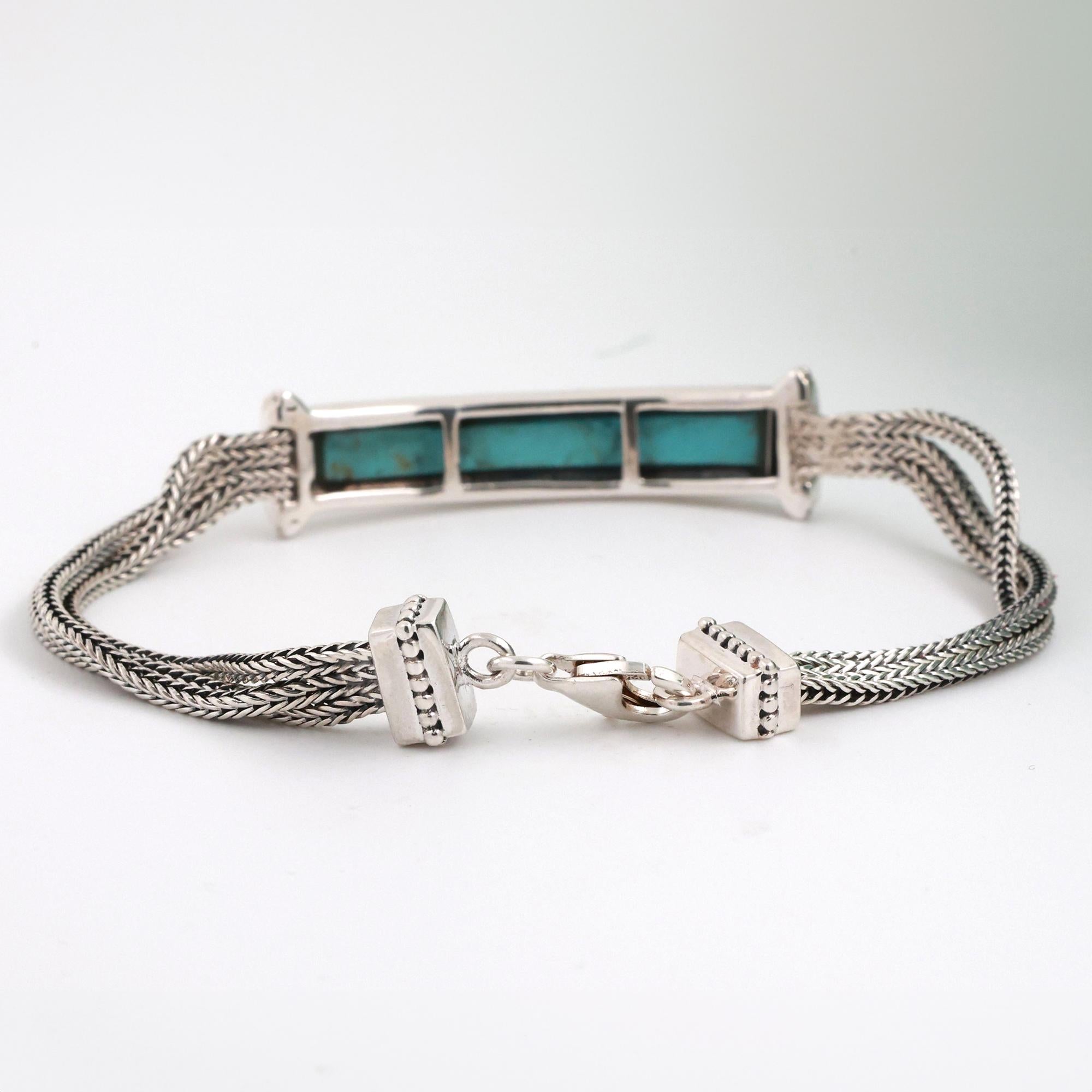 Turquoise Bar Bracelet Foxtail Link Chain Sterling Silver 7.5" Unisex Estate