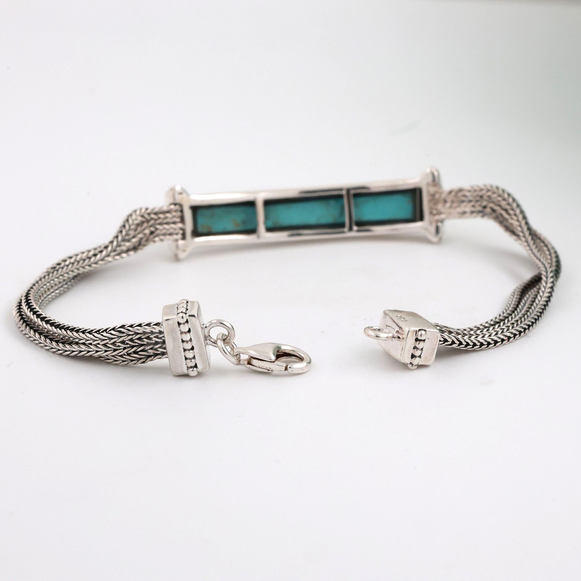 Turquoise Bar Bracelet Foxtail Link Chain Sterling Silver 7.5" Unisex Estate