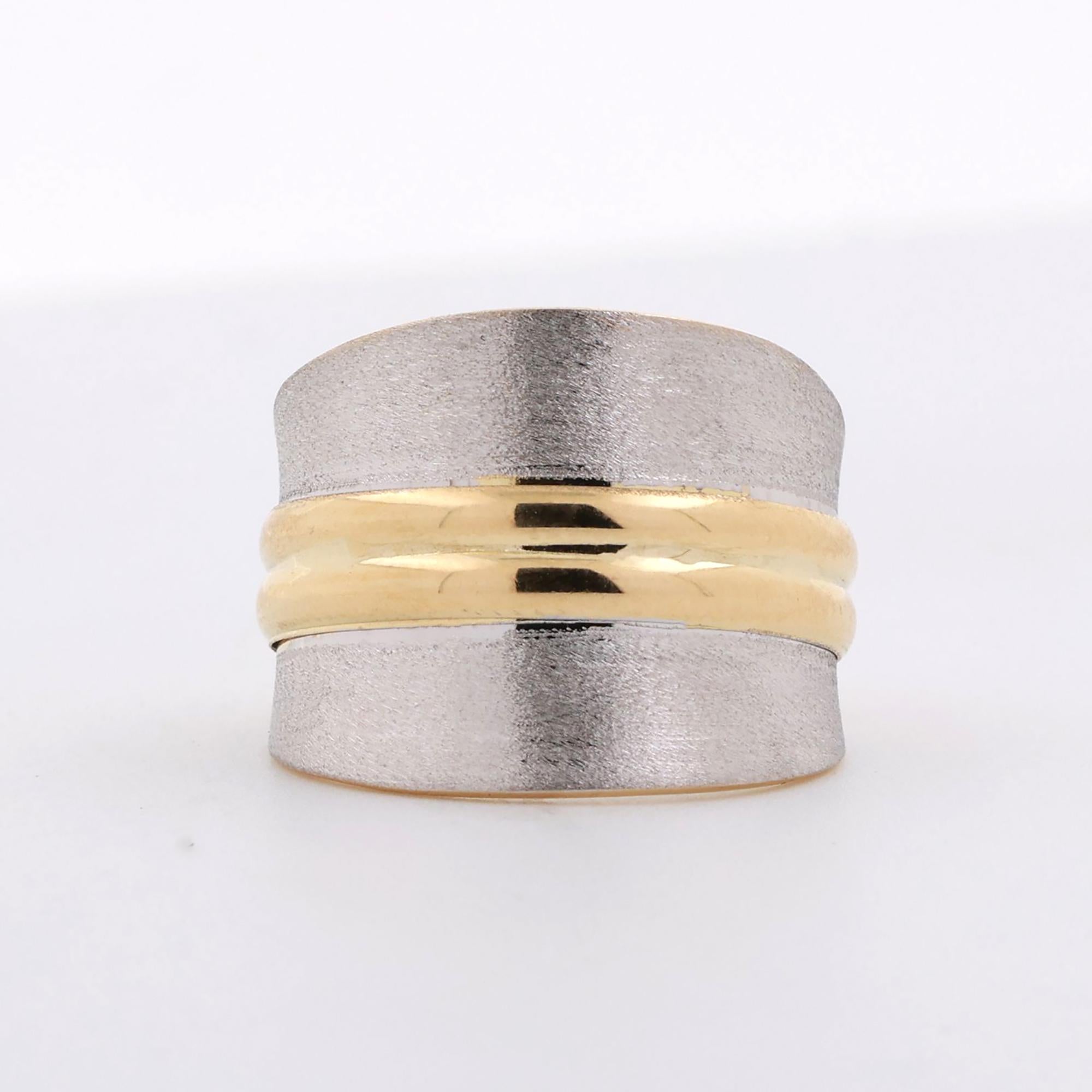 18K Two-Tone Gold Wide Band Ring Brushed Gold Open Shank Size 6.75 Estate