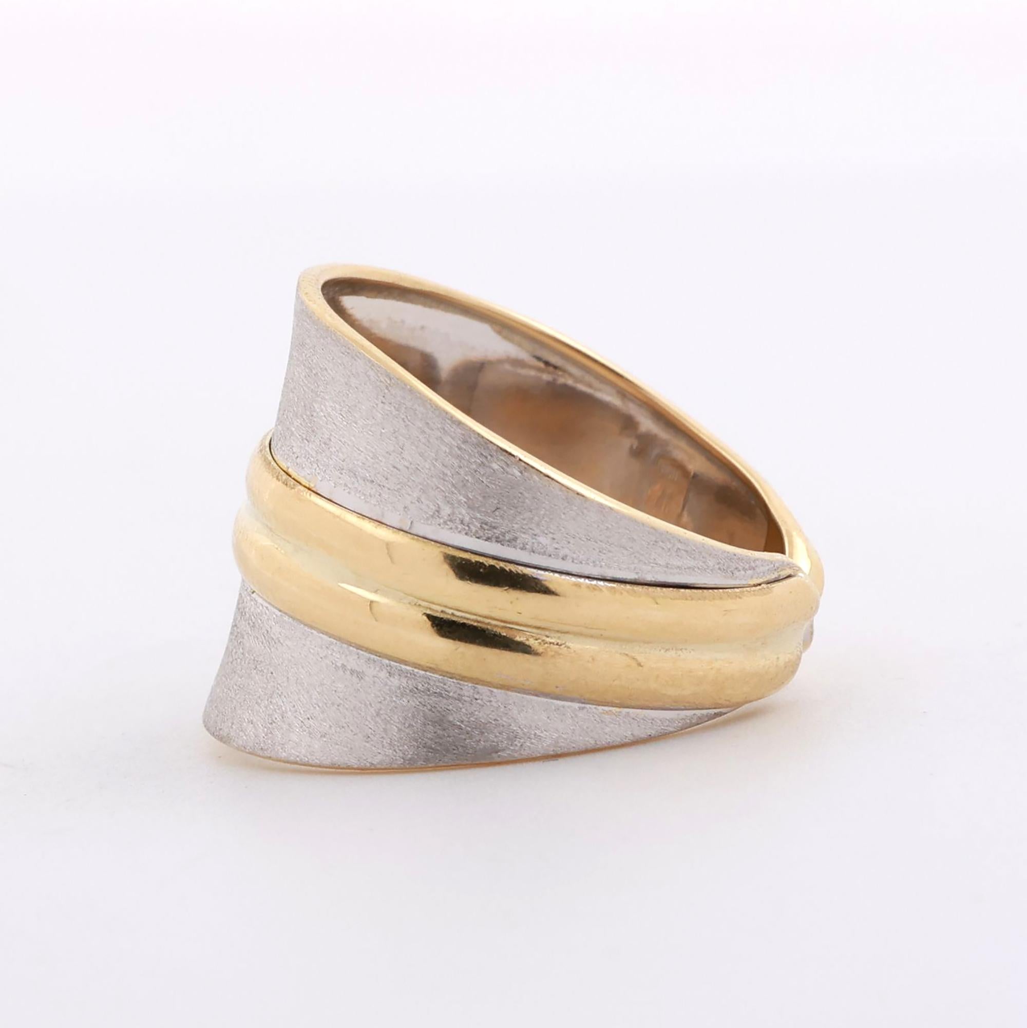18K Two-Tone Gold Wide Band Ring Brushed Gold Open Shank Size 6.75 Estate