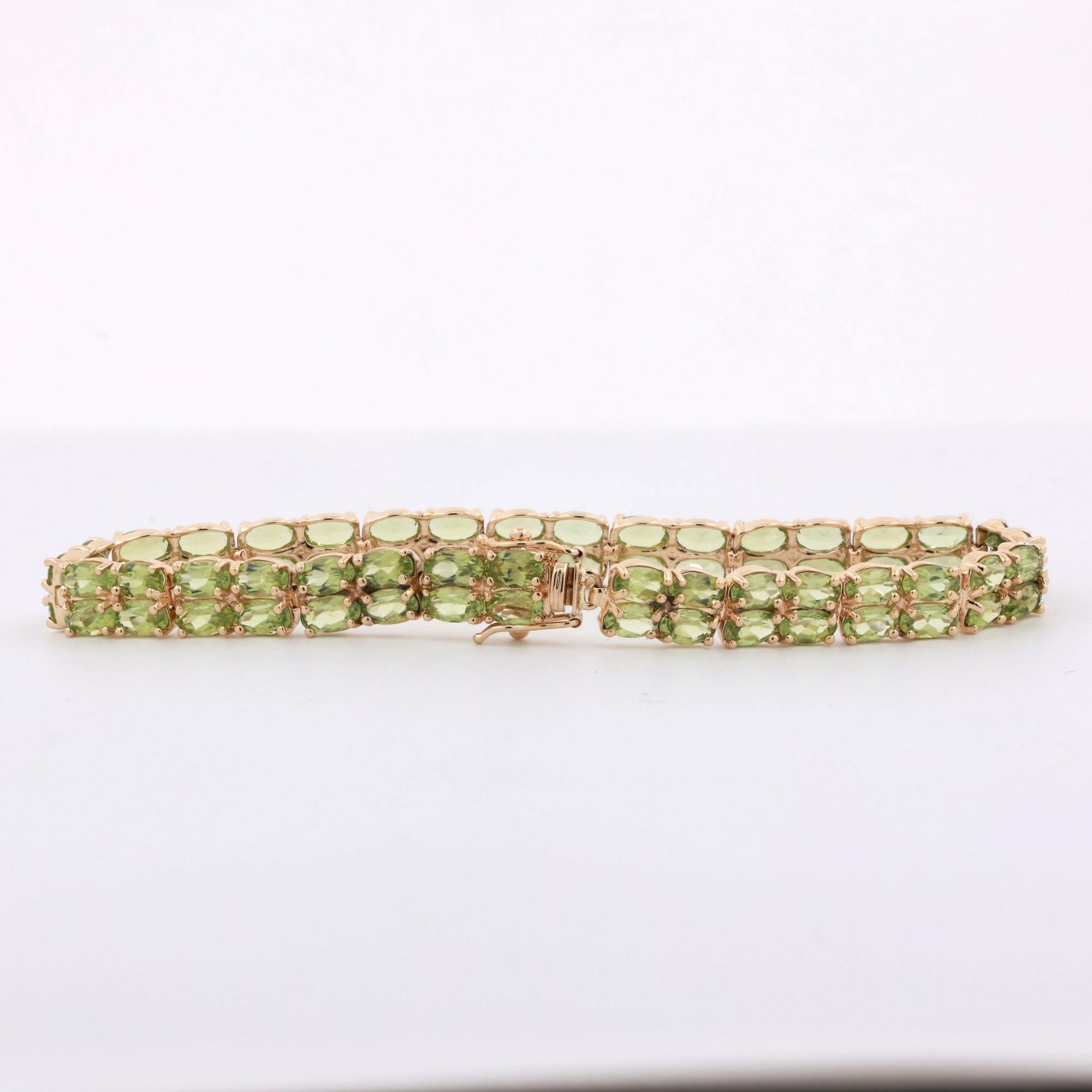 Green Peridot Oval Gemstone Double Line Bracelet 14K Yellow Gold 17.00 TW 7.25"