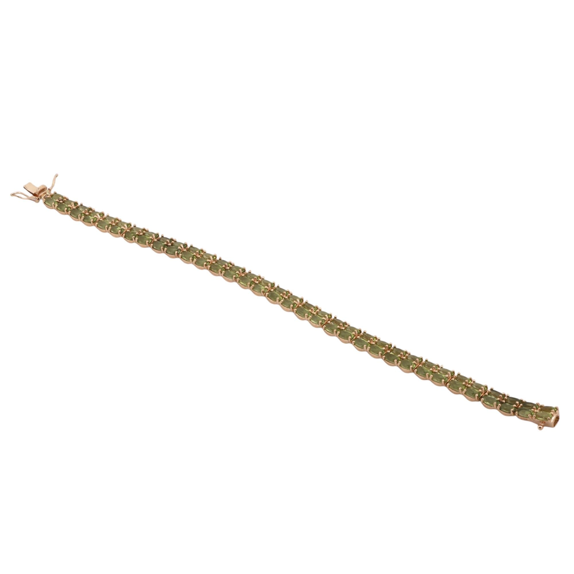 Green Peridot Oval Gemstone Double Line Bracelet 14K Yellow Gold 17.00 TW 7.25"