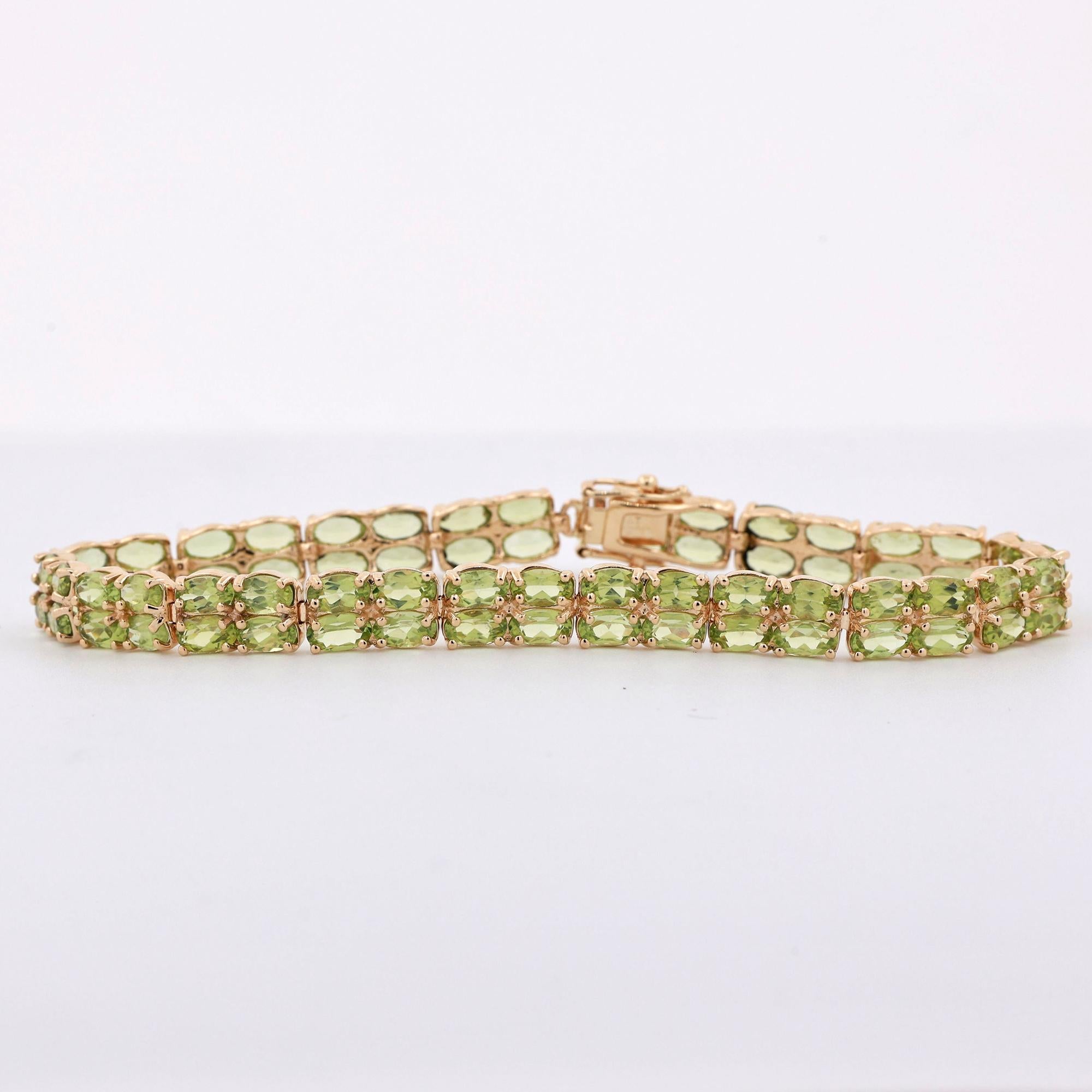 Green Peridot Oval Gemstone Double Line Bracelet 14K Yellow Gold 17.00 TW 7.25"