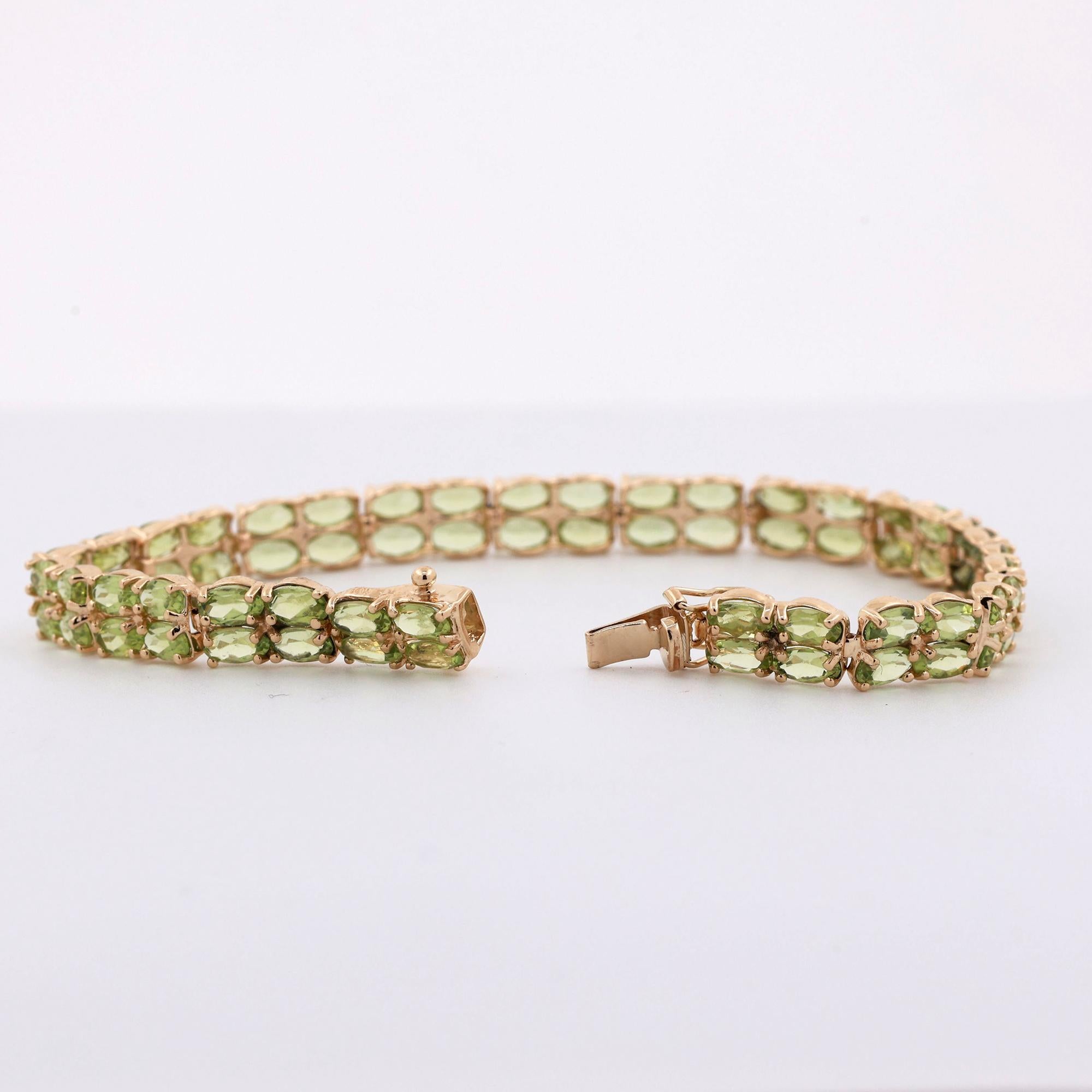 Green Peridot Oval Gemstone Double Line Bracelet 14K Yellow Gold 17.00 TW 7.25"