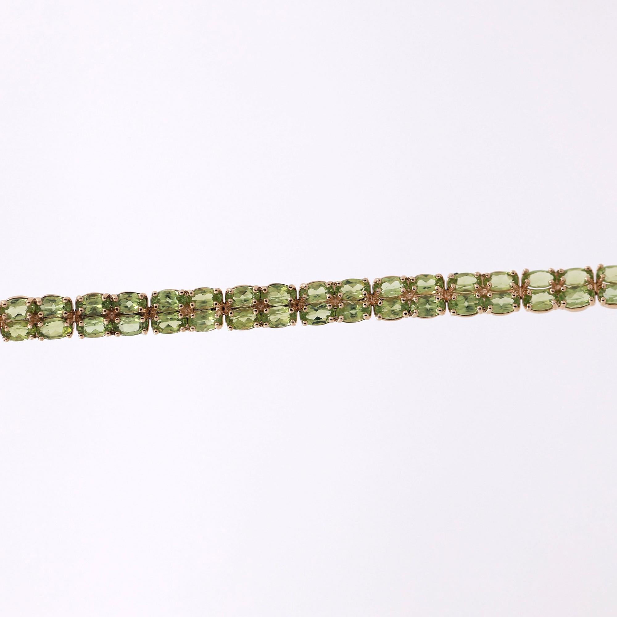Green Peridot Oval Gemstone Double Line Bracelet 14K Yellow Gold 17.00 TW 7.25"