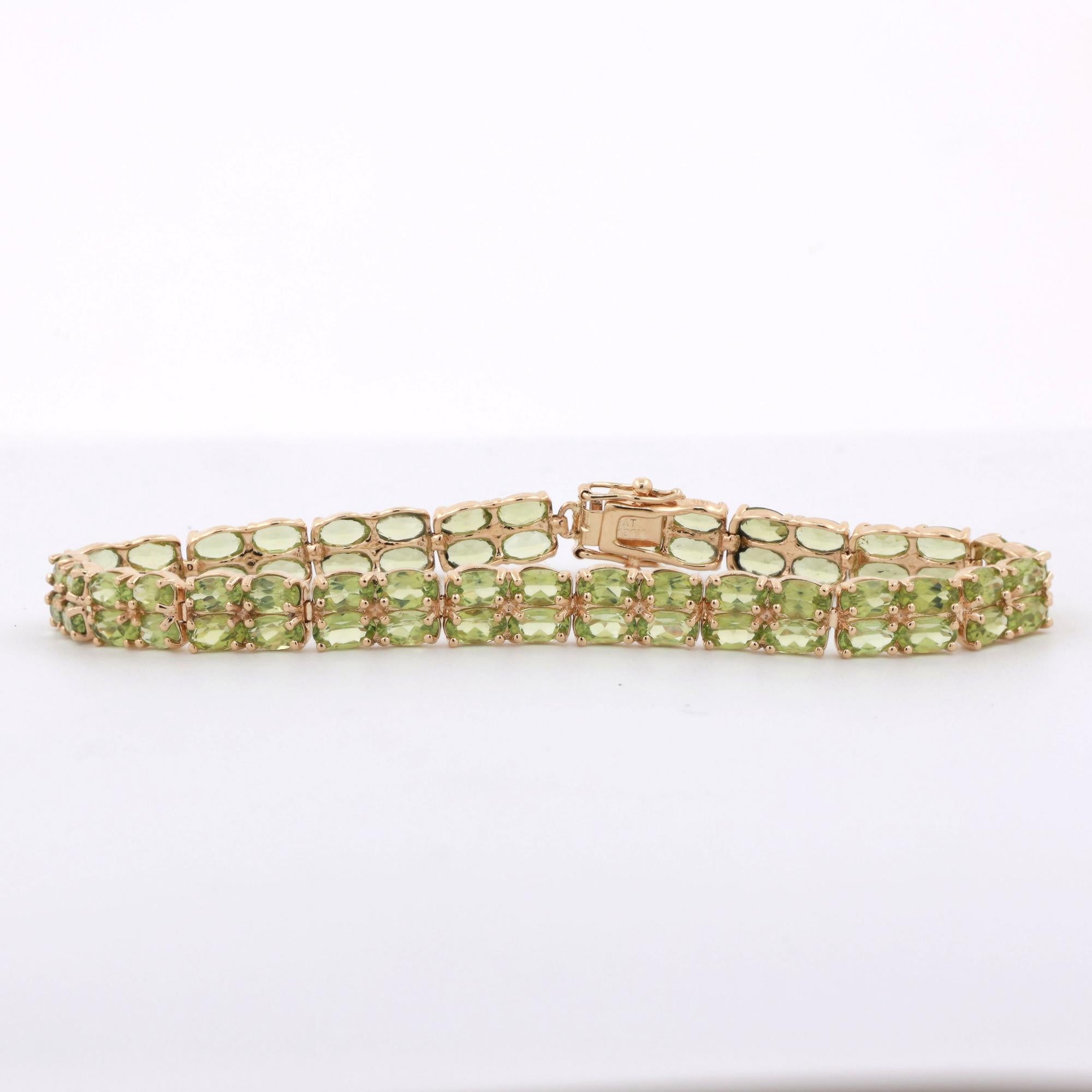 Green Peridot Oval Gemstone Double Line Bracelet 14K Yellow Gold 17.00 TW 7.25"