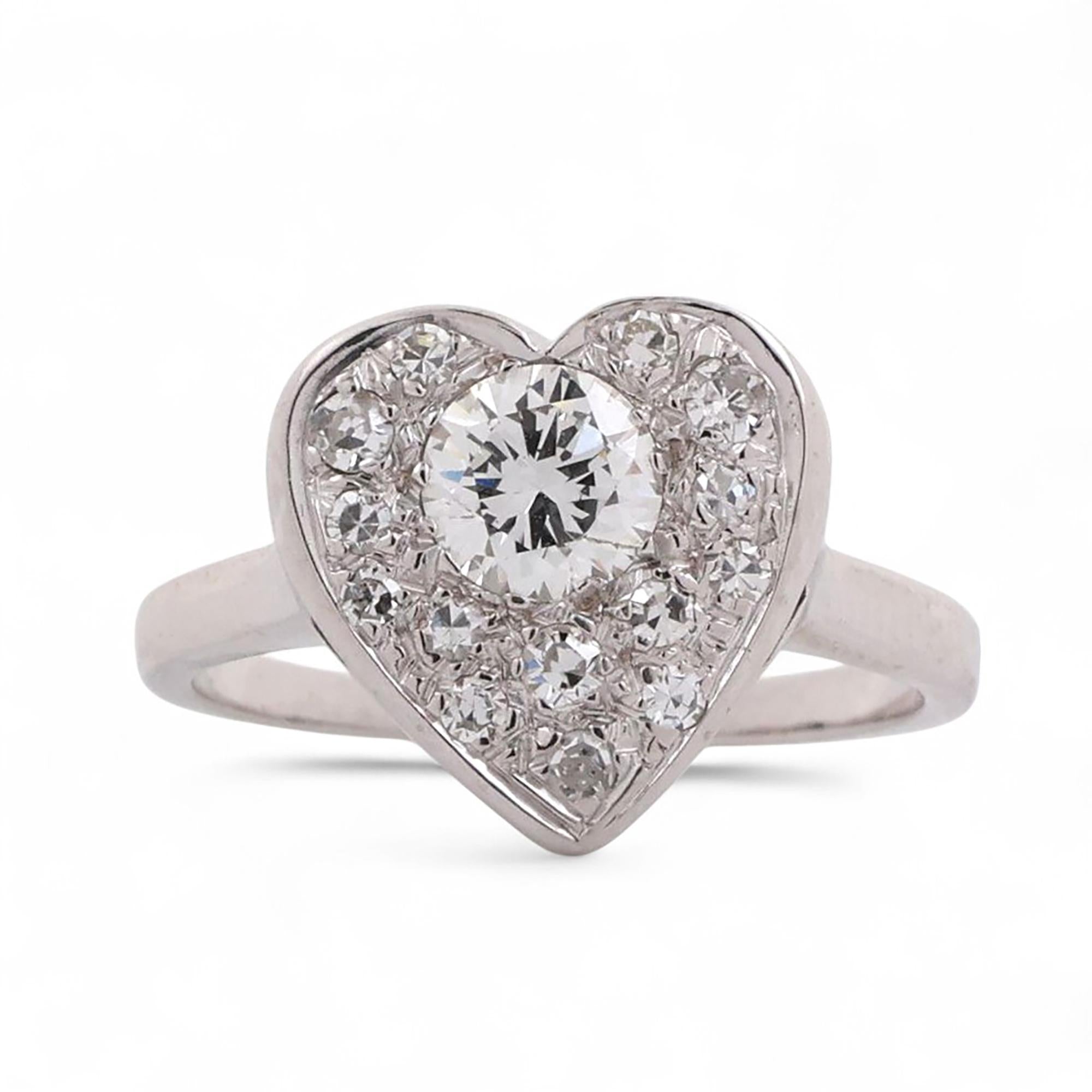 Cluster Diamond Heart Ring 14K White Gold 0.80 TW Size 6.5 Ladies Estate