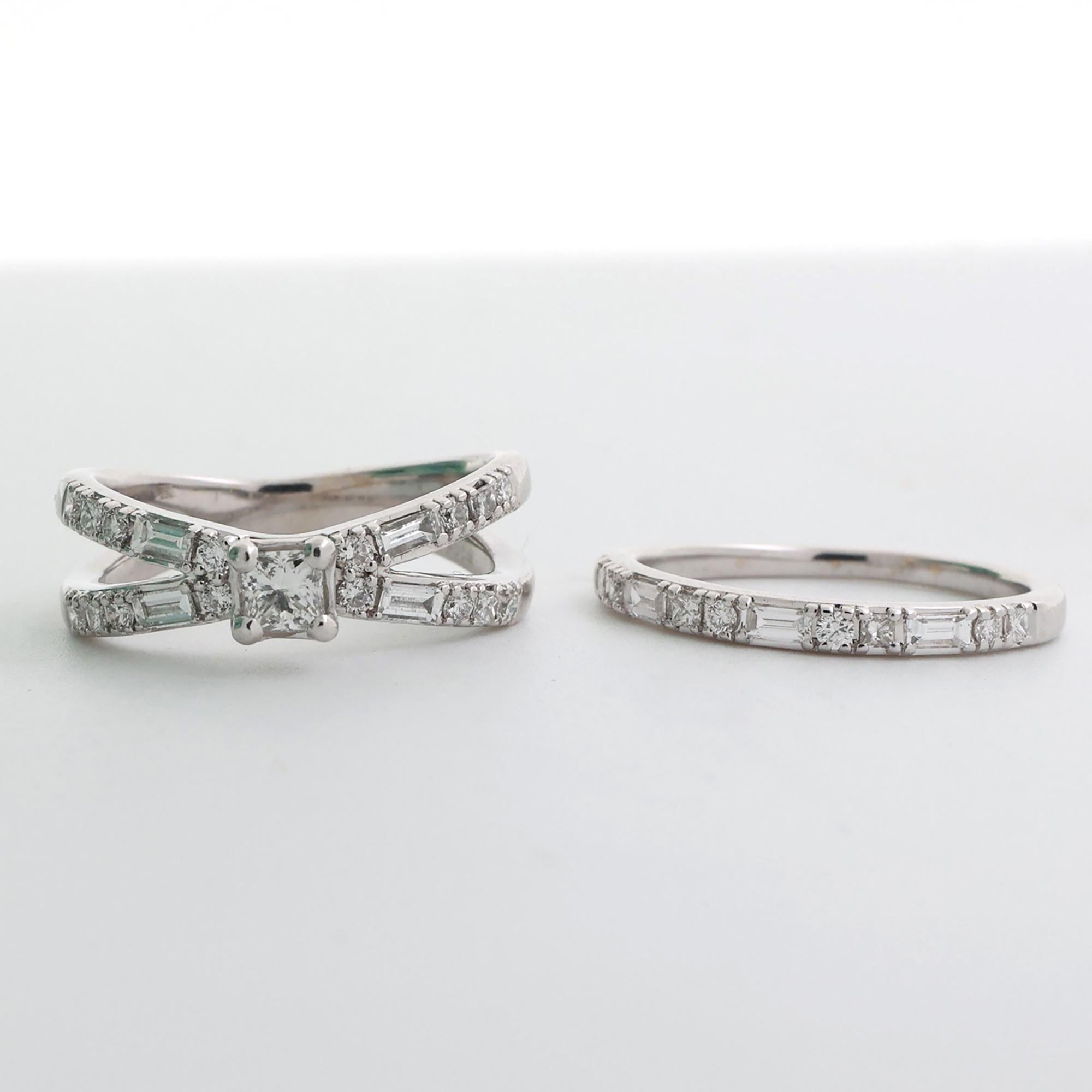 0.78 TW Princess Diamond Wedding Ring Set With Accents 14K White Gold Size 6.25