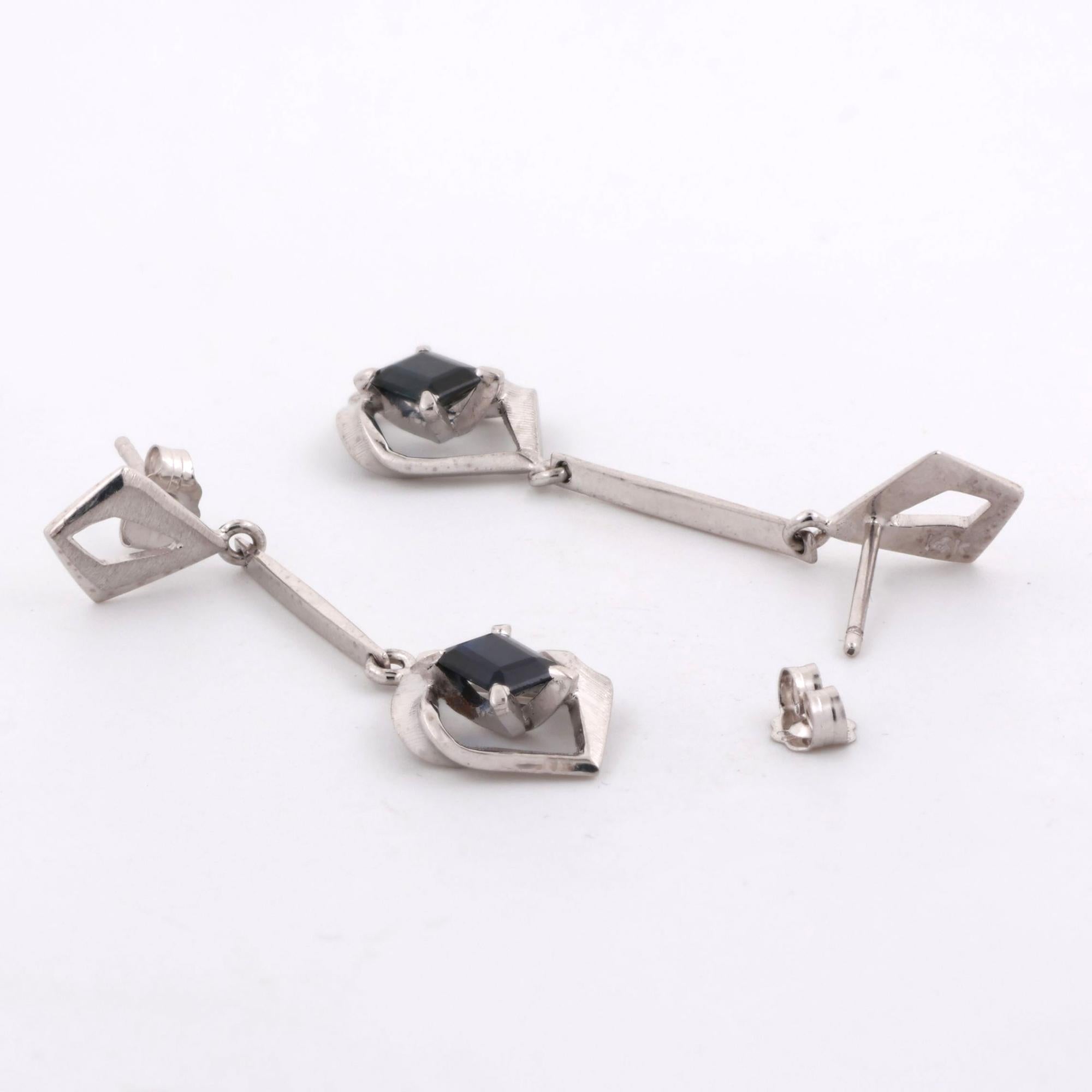 Blue Sapphire Drop Dangle Earrings 14K White Gold 1.40 TW Emerald Cut Gems 1.30"