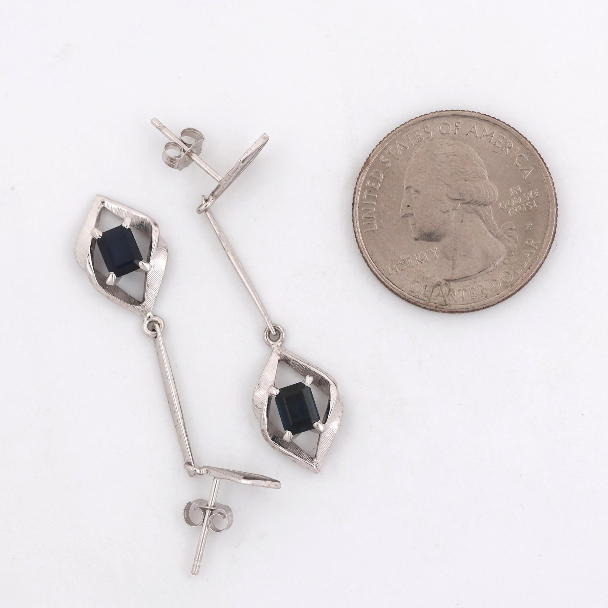 Blue Sapphire Drop Dangle Earrings 14K White Gold 1.40 TW Emerald Cut Gems 1.30"