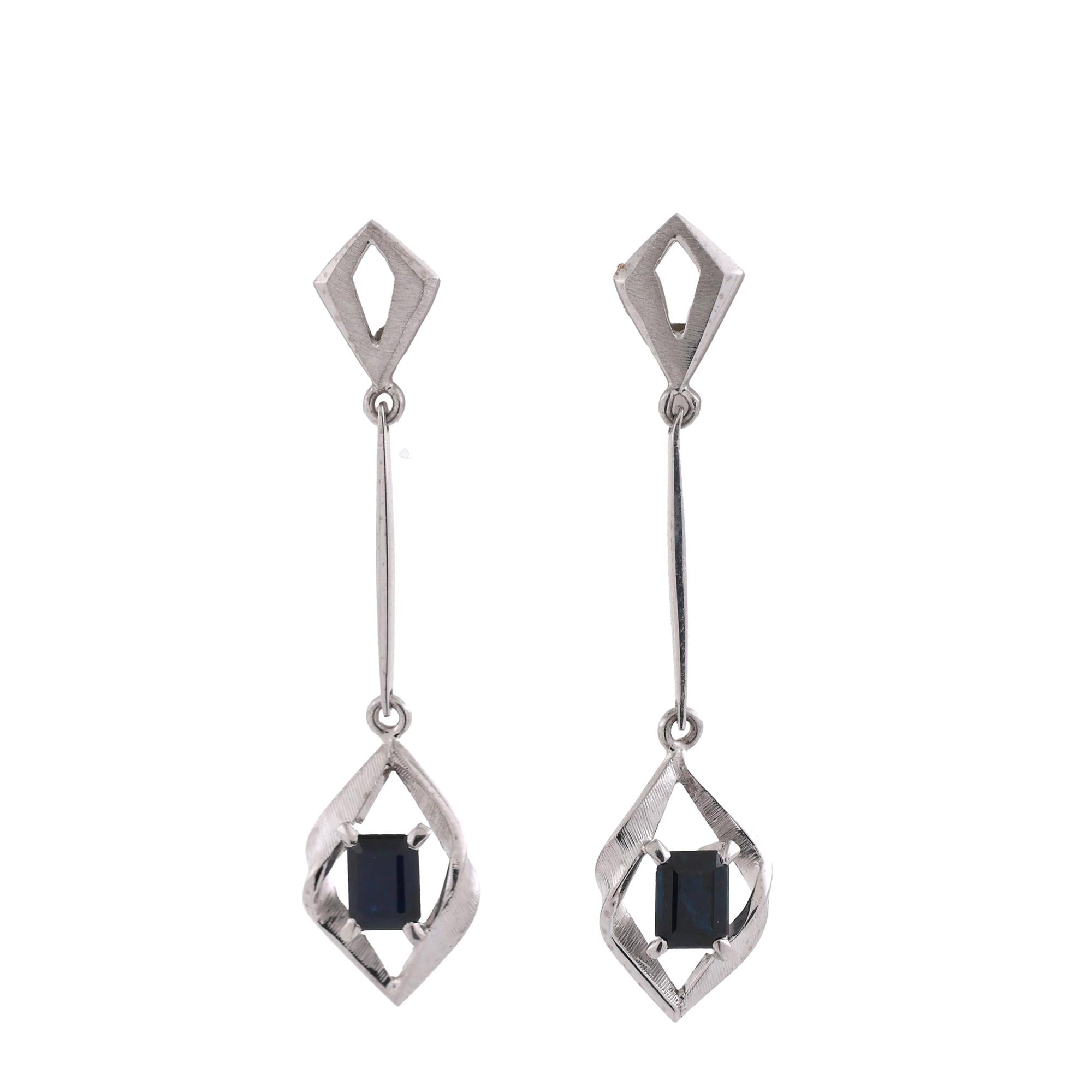 Blue Sapphire Drop Dangle Earrings 14K White Gold 1.40 TW Emerald Cut Gems 1.30"