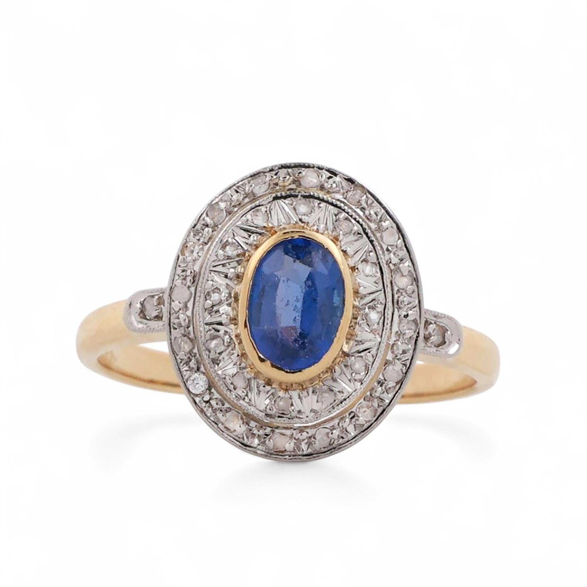 Blue Sapphire Doublet Halo Diamond Ring Platinum 18K Yellow Gold 0.55 CTW SZ 6.5