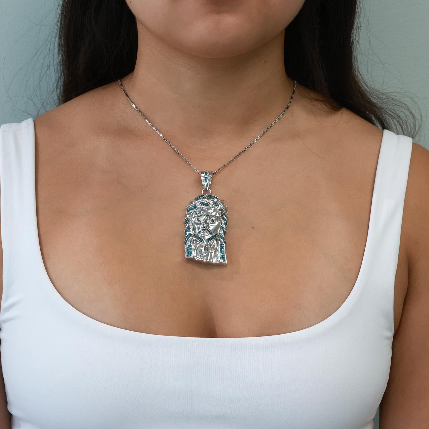 Religious 3.00 TW Blue Diamond Jesus Head Pendant 14K White Gold 2.80" Estate