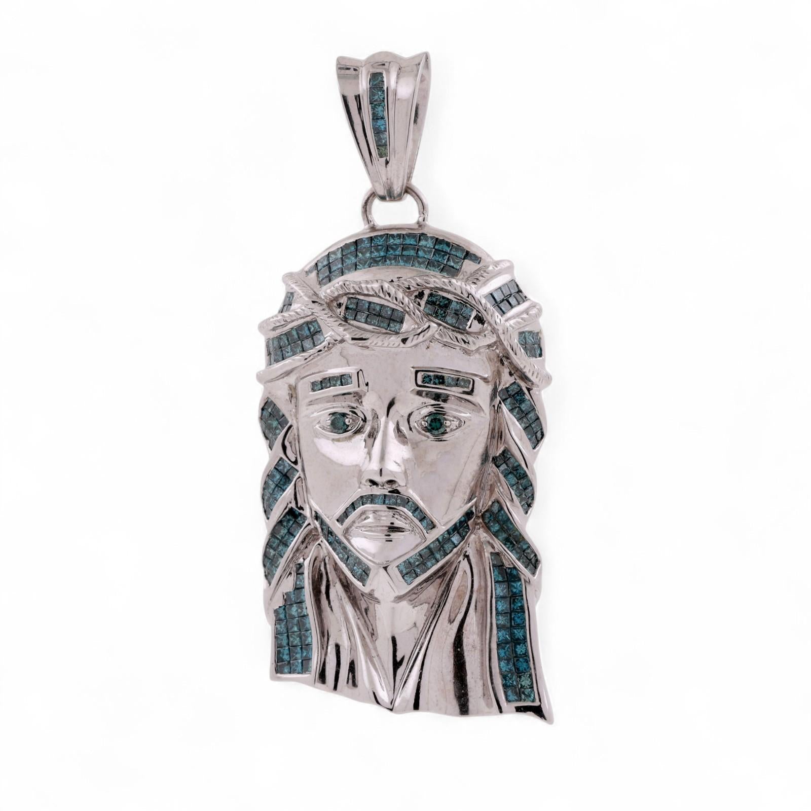 Religious 3.00 TW Blue Diamond Jesus Head Pendant 14K White Gold 2.80" Estate