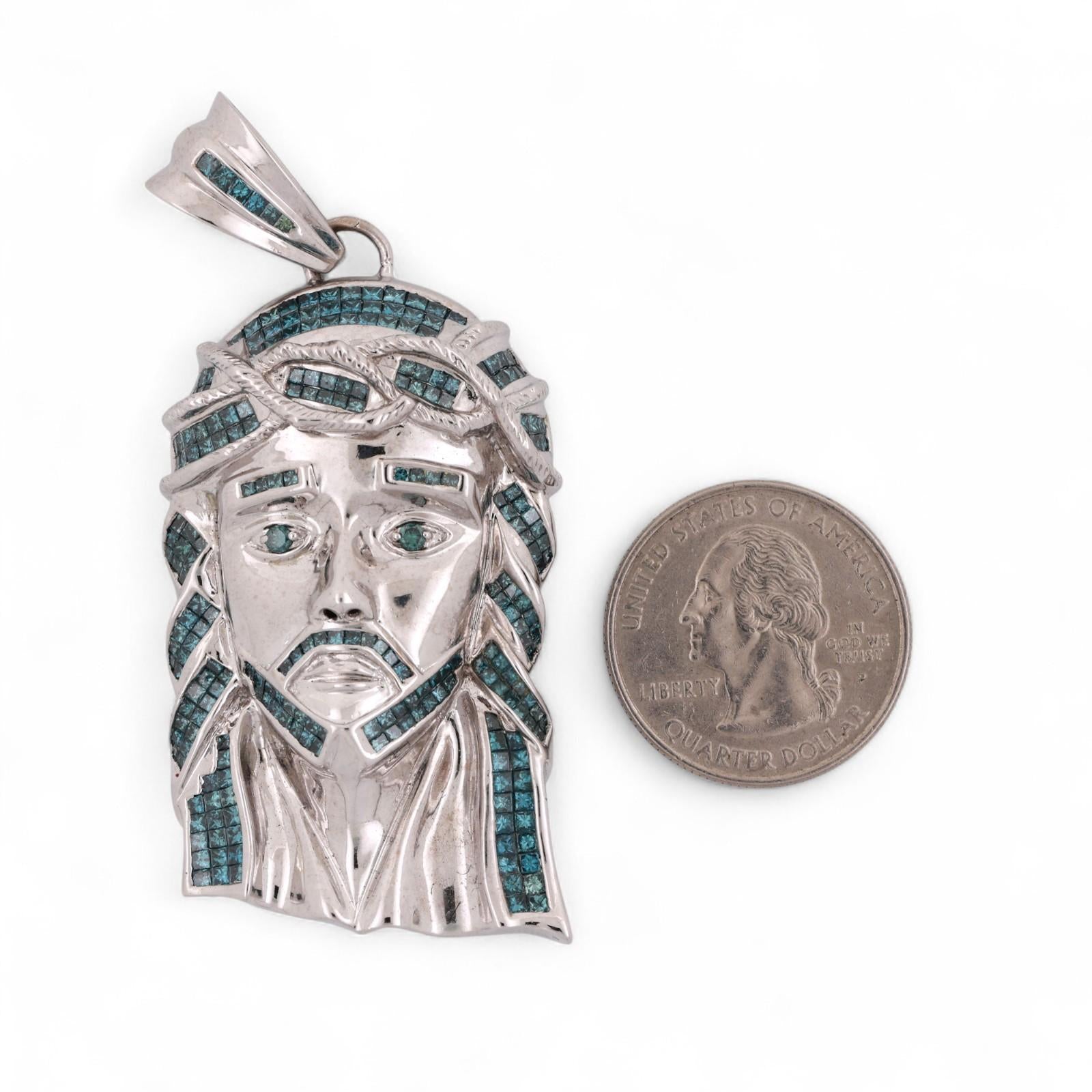 Religious 3.00 TW Blue Diamond Jesus Head Pendant 14K White Gold 2.80" Estate
