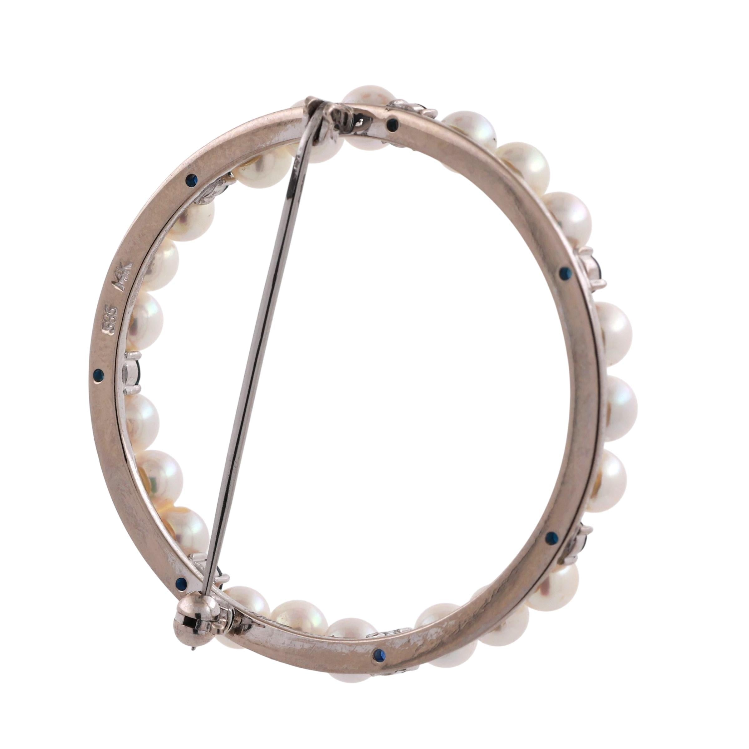 Estate Akoya Pearl Blue Sapphire Round Brooch Pin 14K White Gold 0.49 TW 1.75"