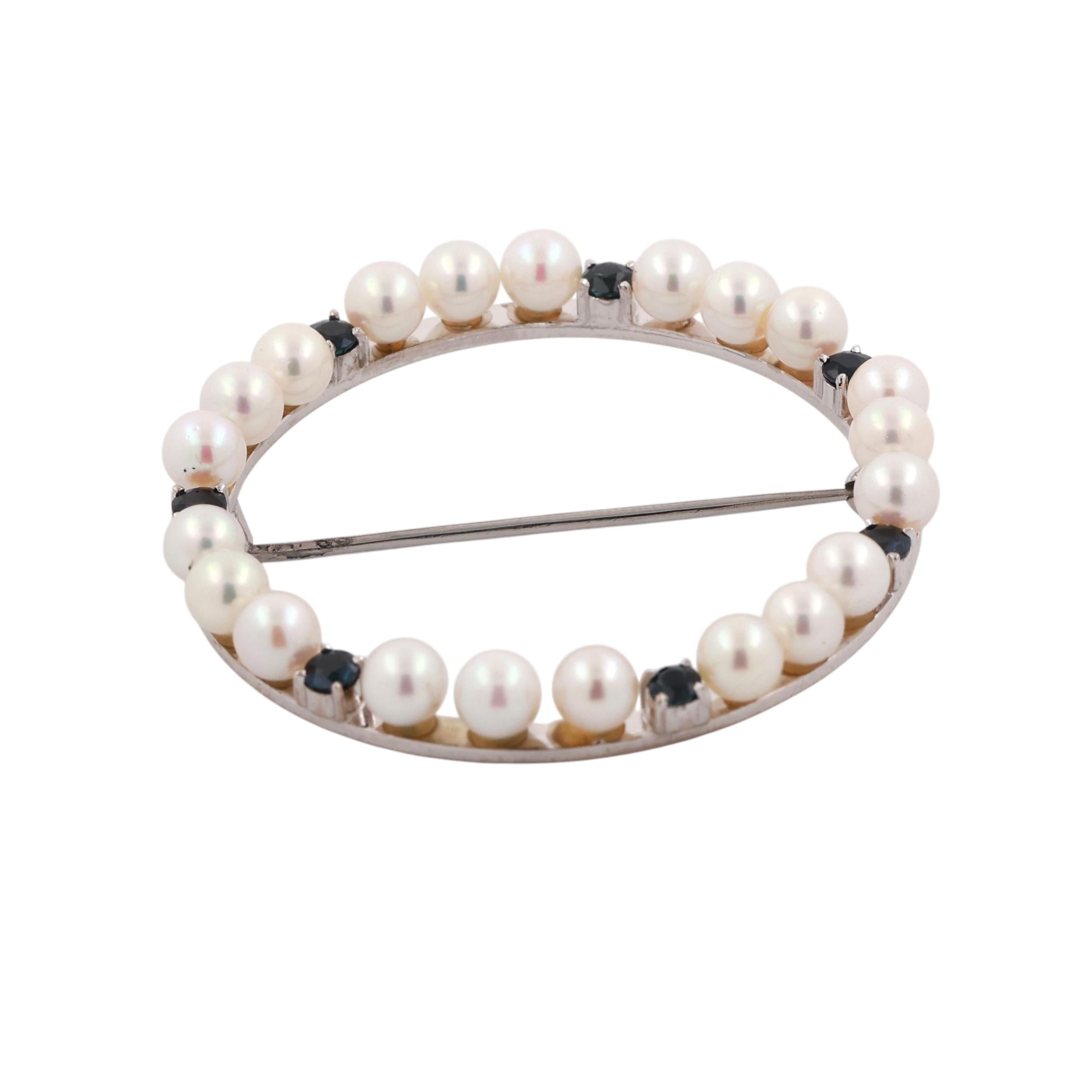 Estate Akoya Pearl Blue Sapphire Round Brooch Pin 14K White Gold 0.49 TW 1.75"