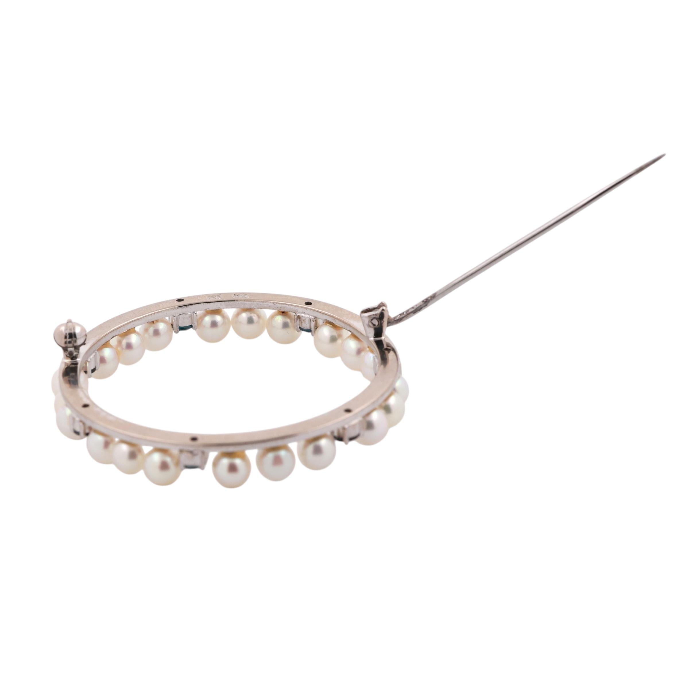 Estate Akoya Pearl Blue Sapphire Round Brooch Pin 14K White Gold 0.49 TW 1.75"