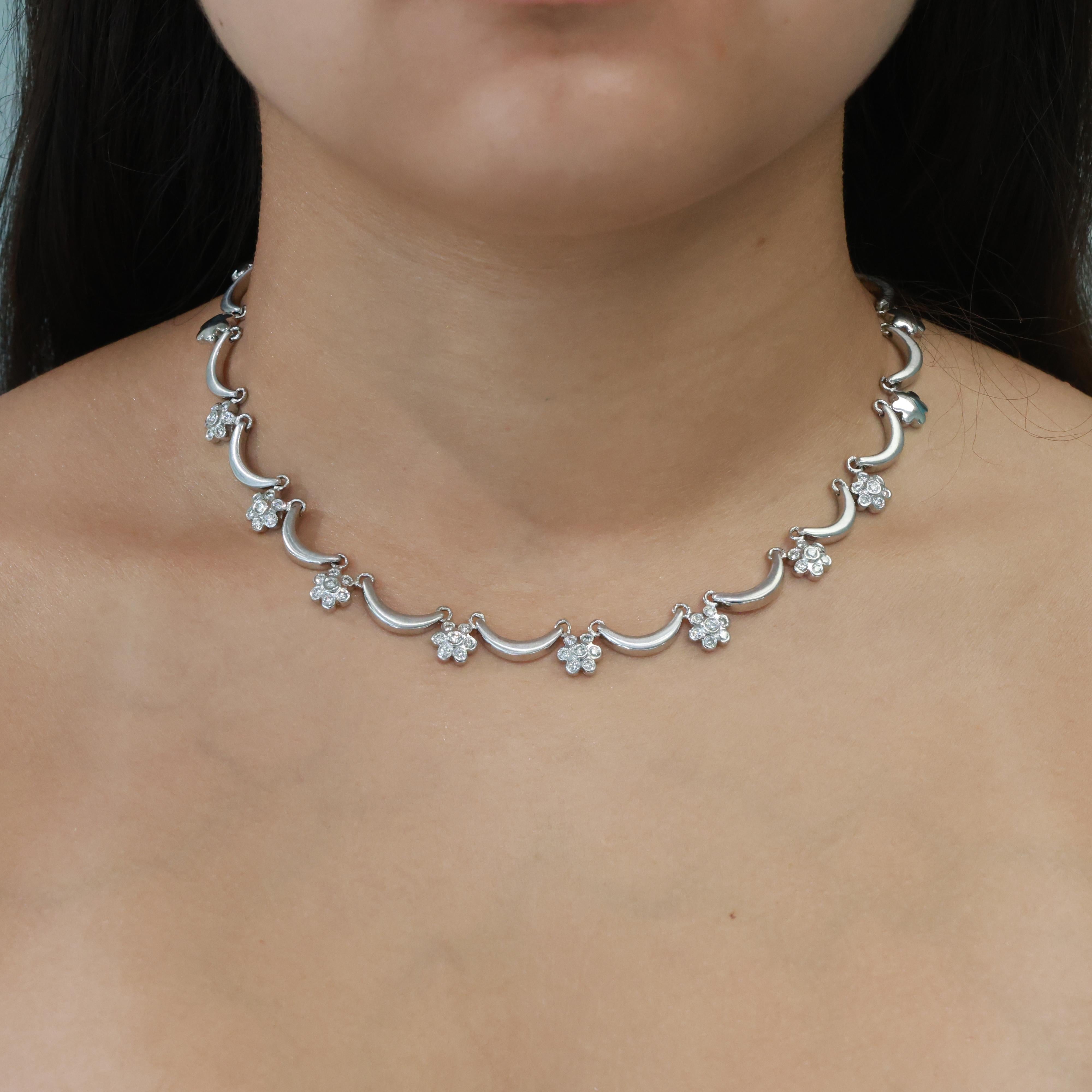 2.00 TW Diamond Swirl Flower Station Necklace 14K White Gold 16" Ladies Estate