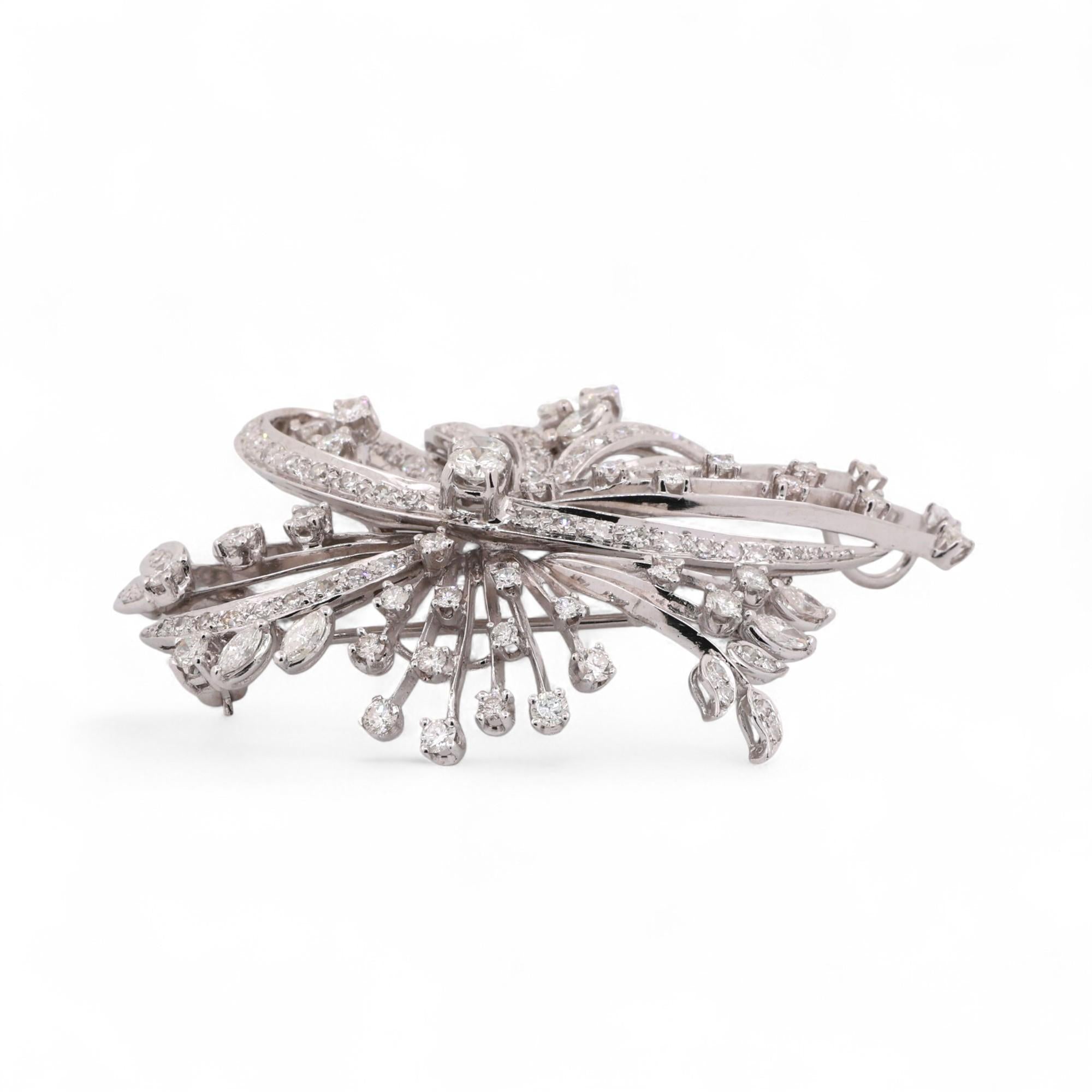 Floral Diamond Brooch Pin Pendant 14K White Gold 3.50 TW Starburst 2.15"