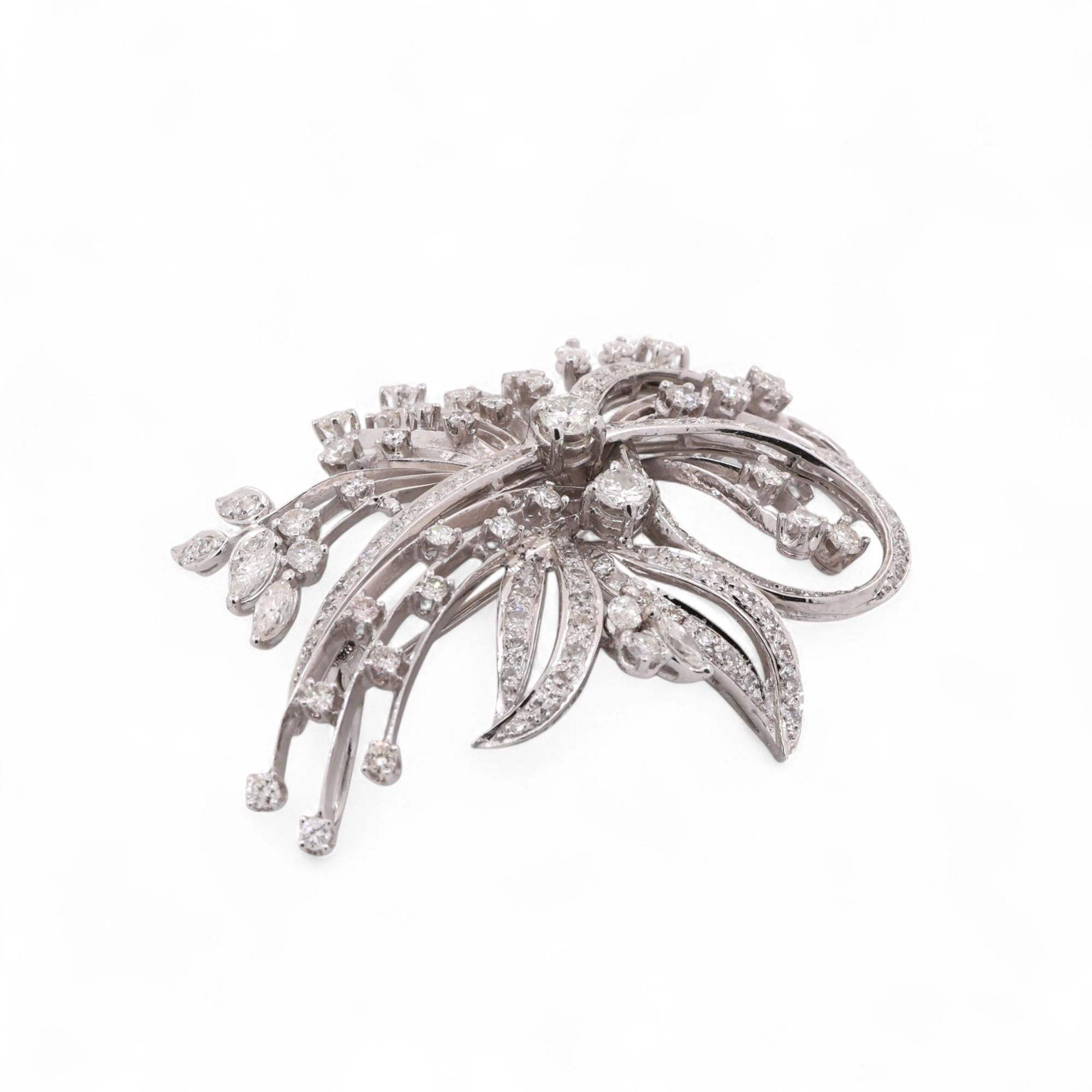 Floral Diamond Brooch Pin Pendant 14K White Gold 3.50 TW Starburst 2.15"