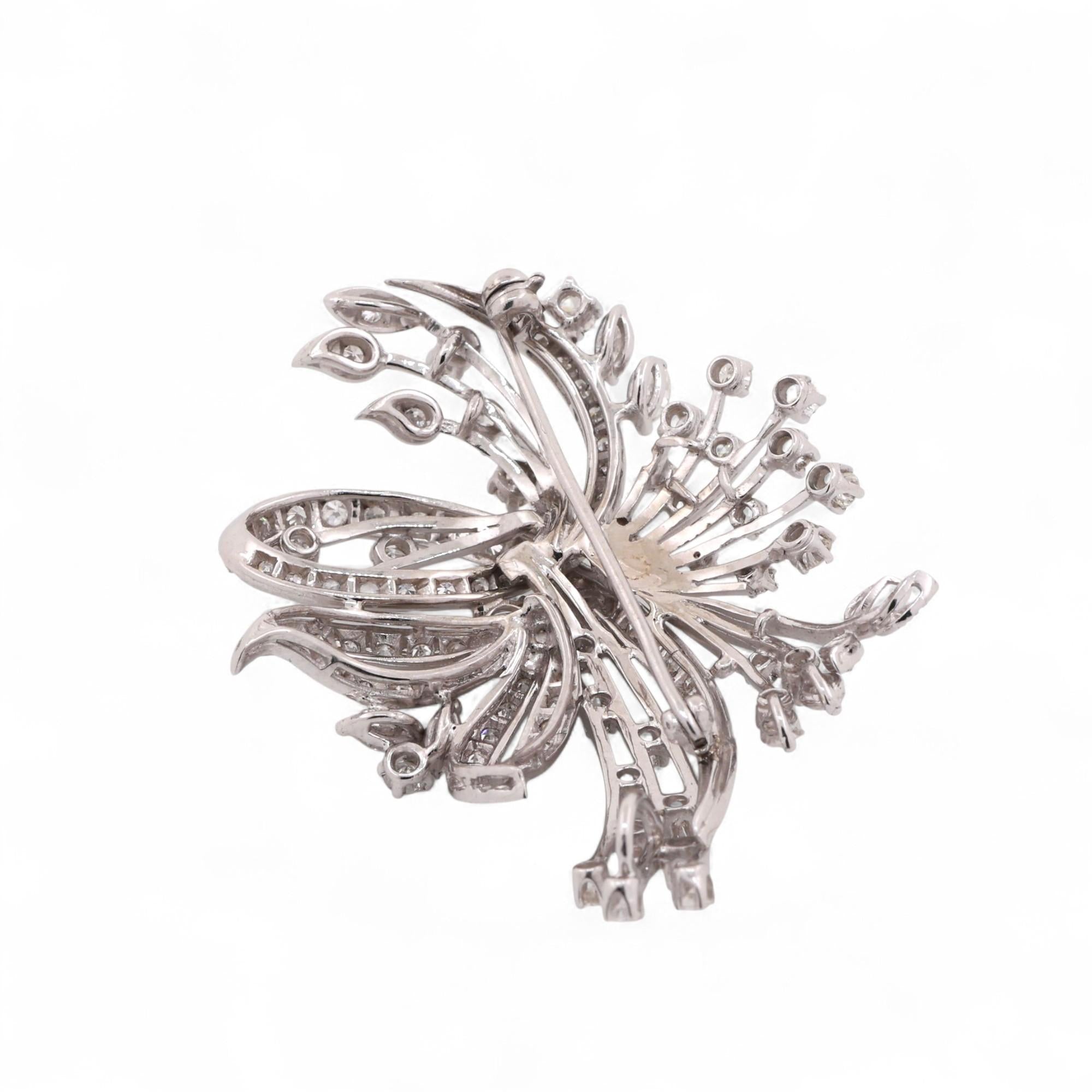 Floral Diamond Brooch Pin Pendant 14K White Gold 3.50 TW Starburst 2.15"