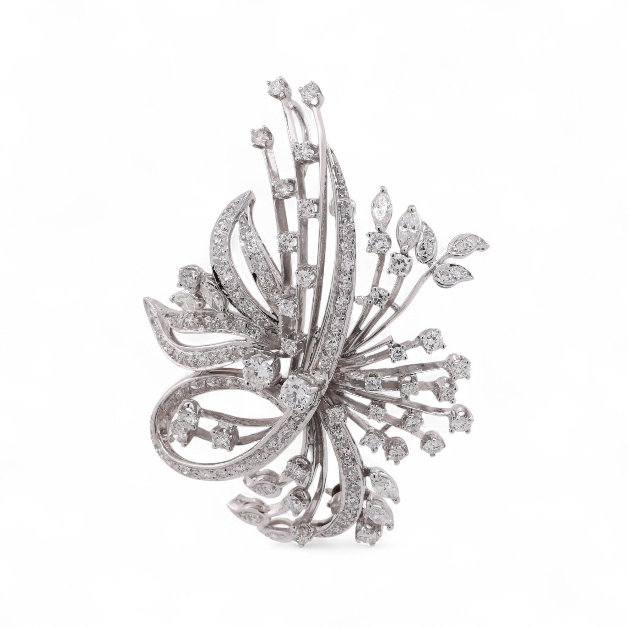 Floral Diamond Brooch Pin Pendant 14K White Gold 3.50 TW Starburst 2.15"
